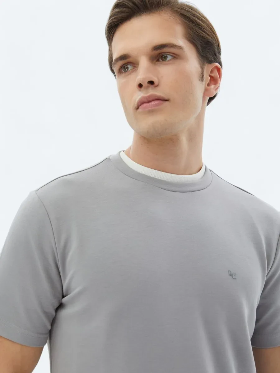 Gri Düz Bisiklet Yaka T-Shirt - 4