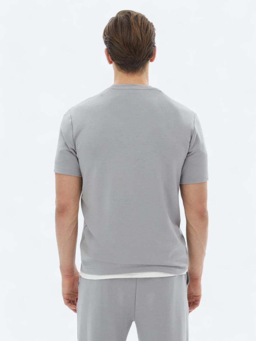 Gri Düz Bisiklet Yaka T-Shirt - 5