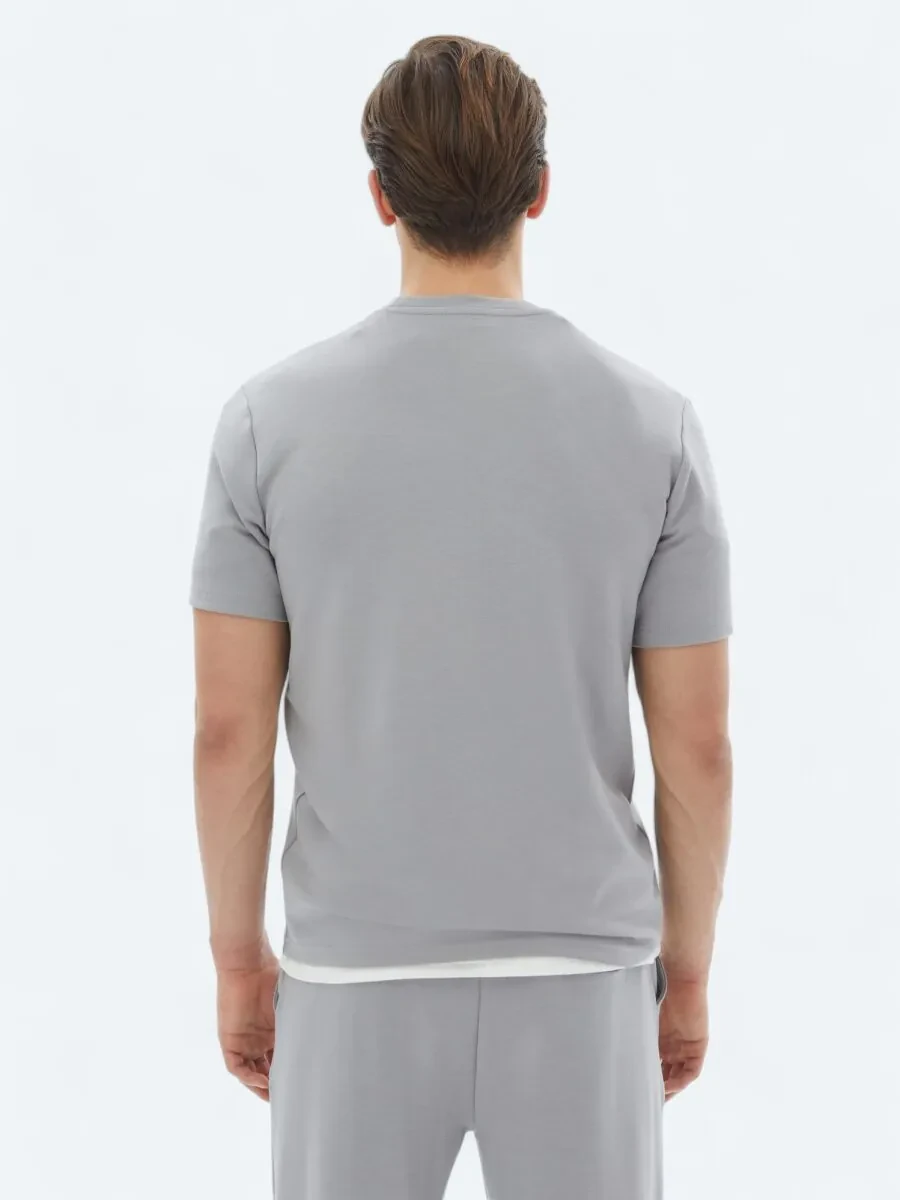 Gri Düz Bisiklet Yaka T-Shirt - 5