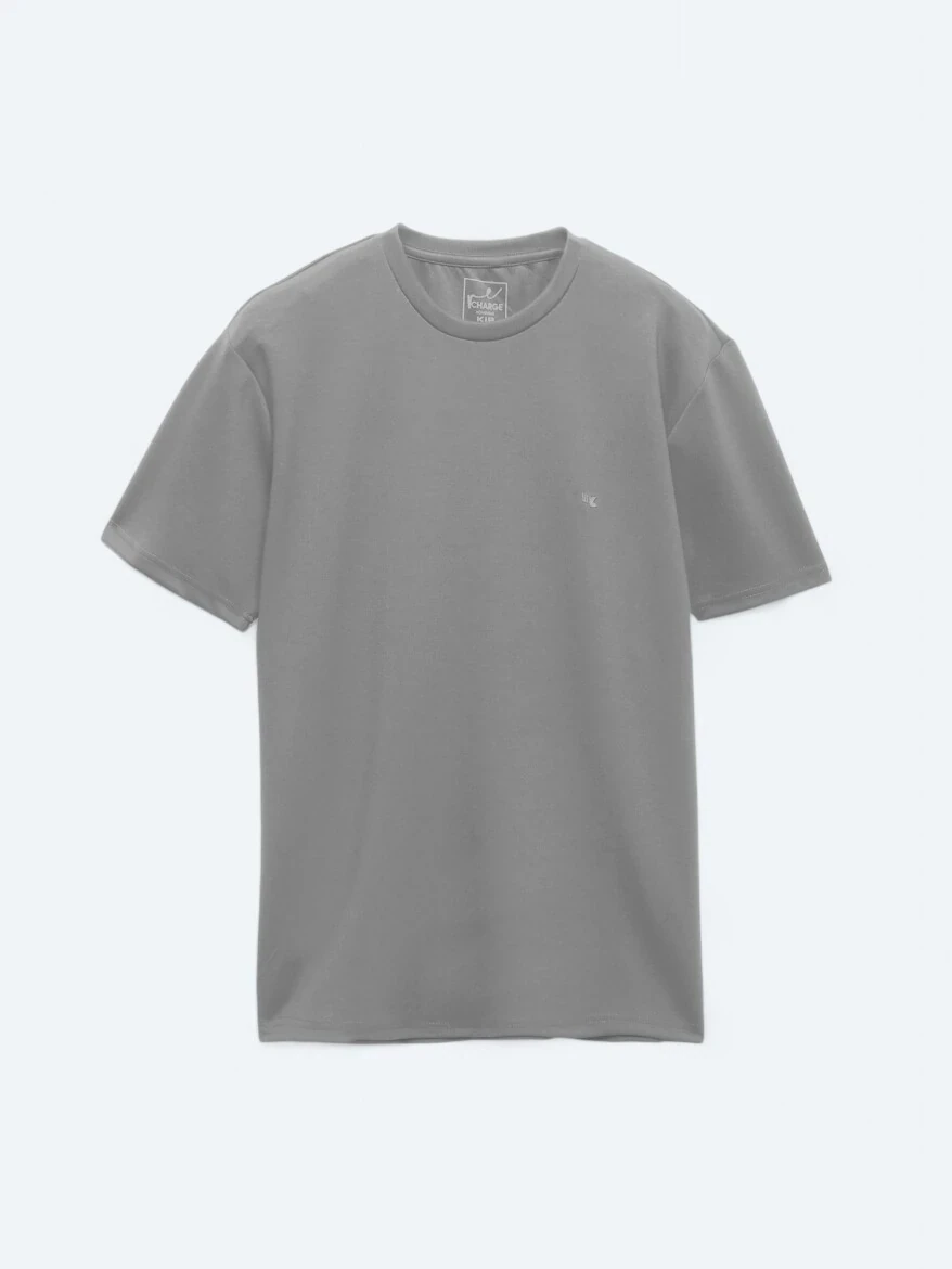 Gri Düz Bisiklet Yaka T-Shirt - 6
