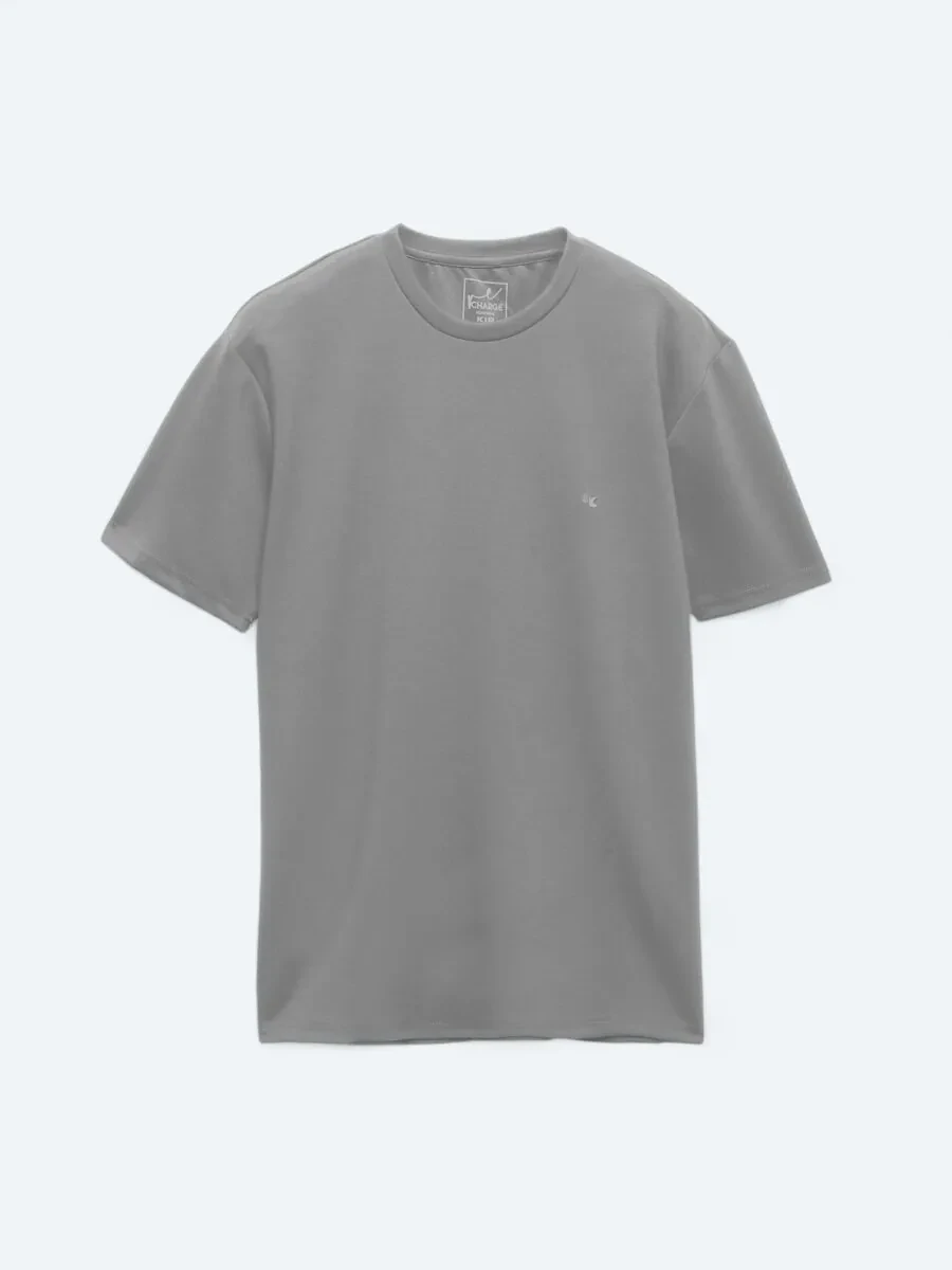 Gri Düz Bisiklet Yaka T-Shirt - 6