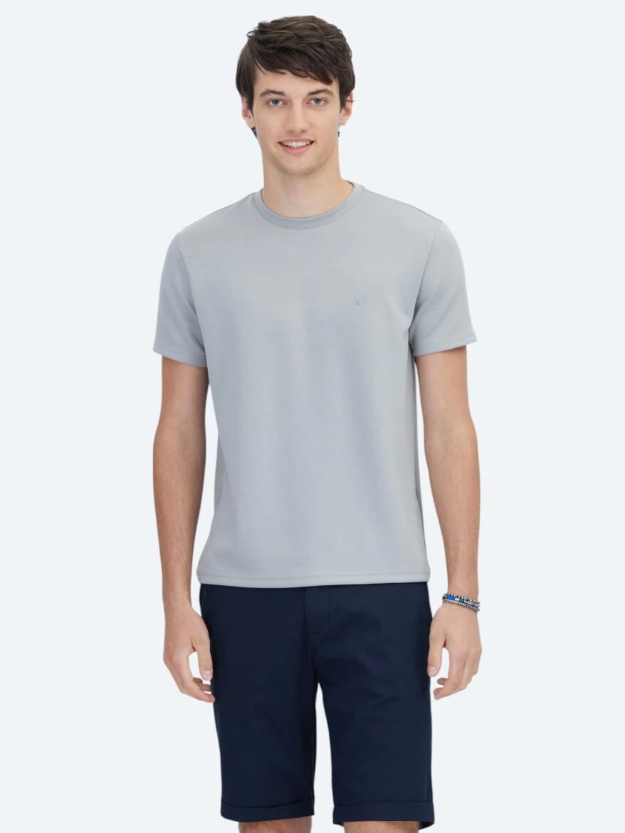 Gri Düz Bisiklet Yaka T-Shirt 