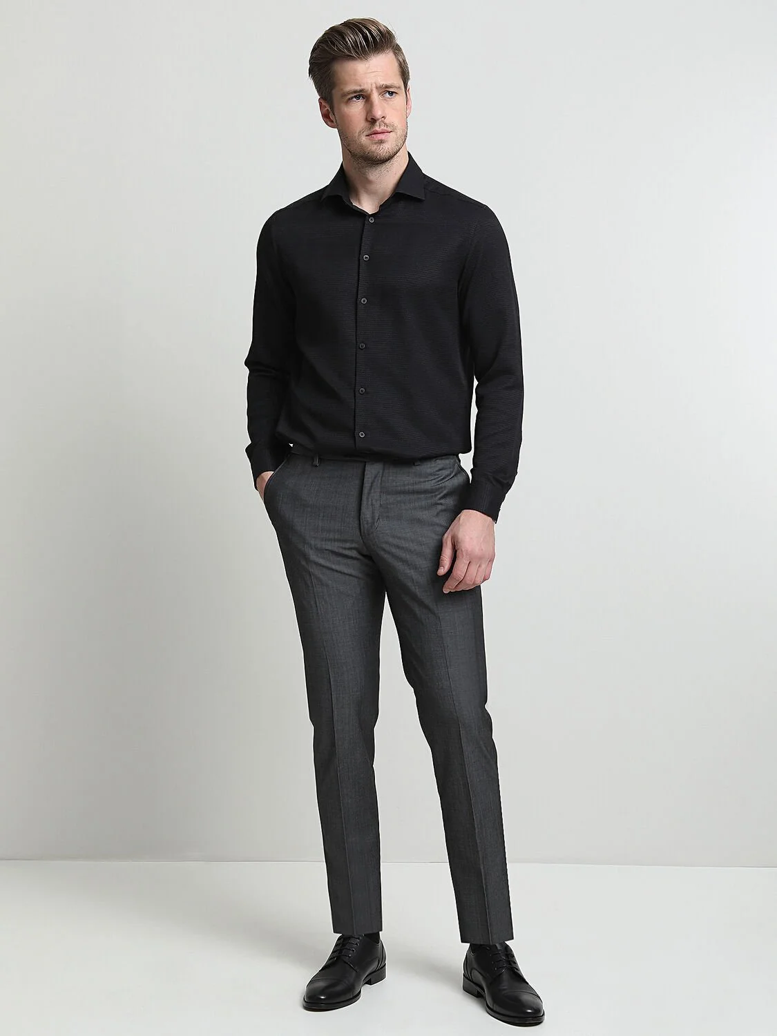 Gri Düz Dokuma Regular Fit Klasik Yün Karışımlı Pantolon - 3