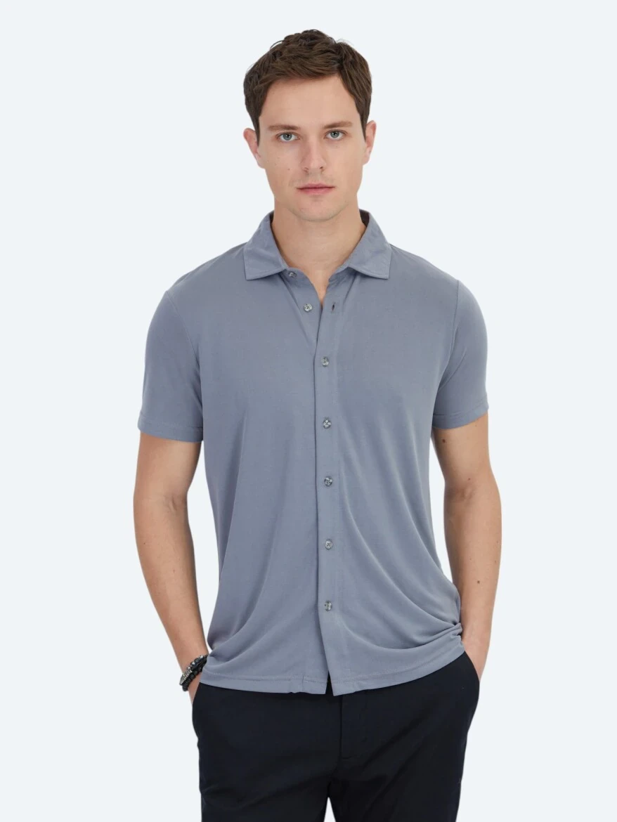 Gri Düz Regular Fit Casual Gömlek - 1