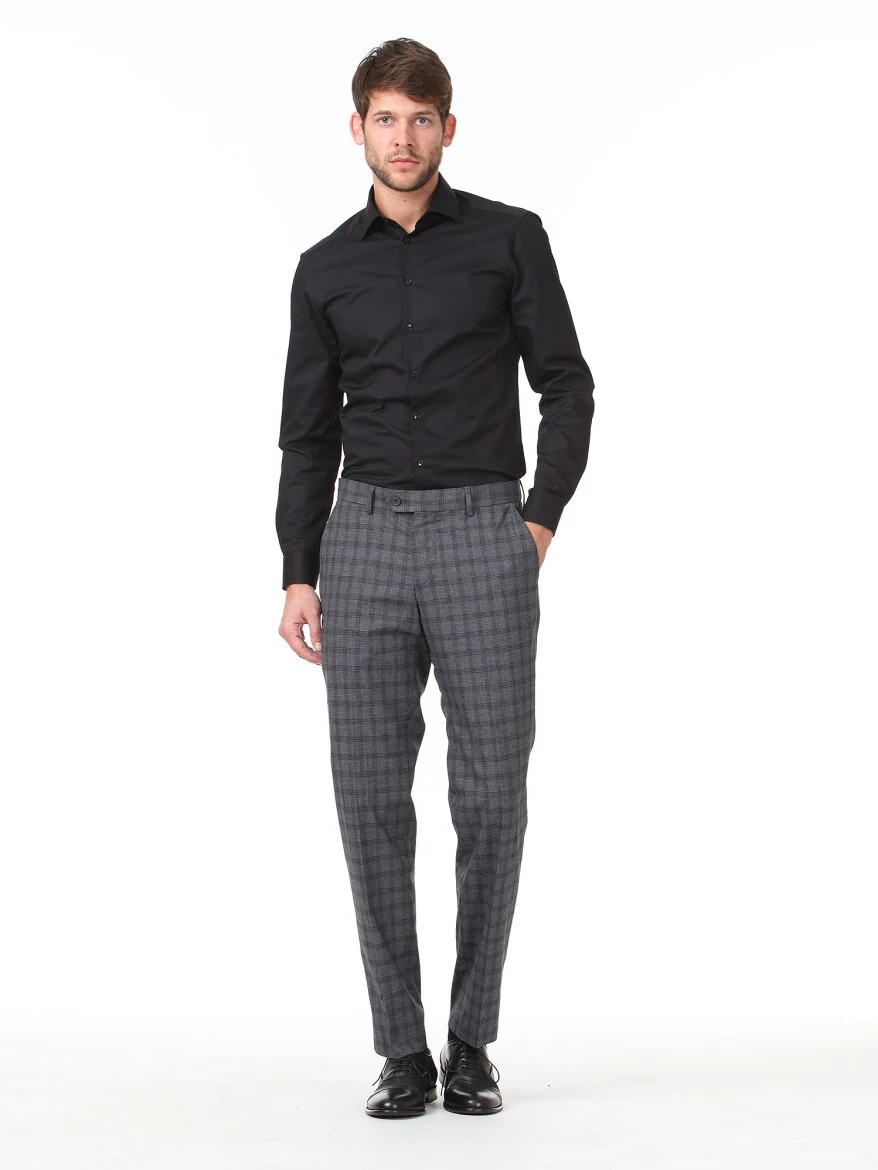 Gri Kareli Dokuma Slim Fit Klasik Yün Karışımlı Pantolon - 2