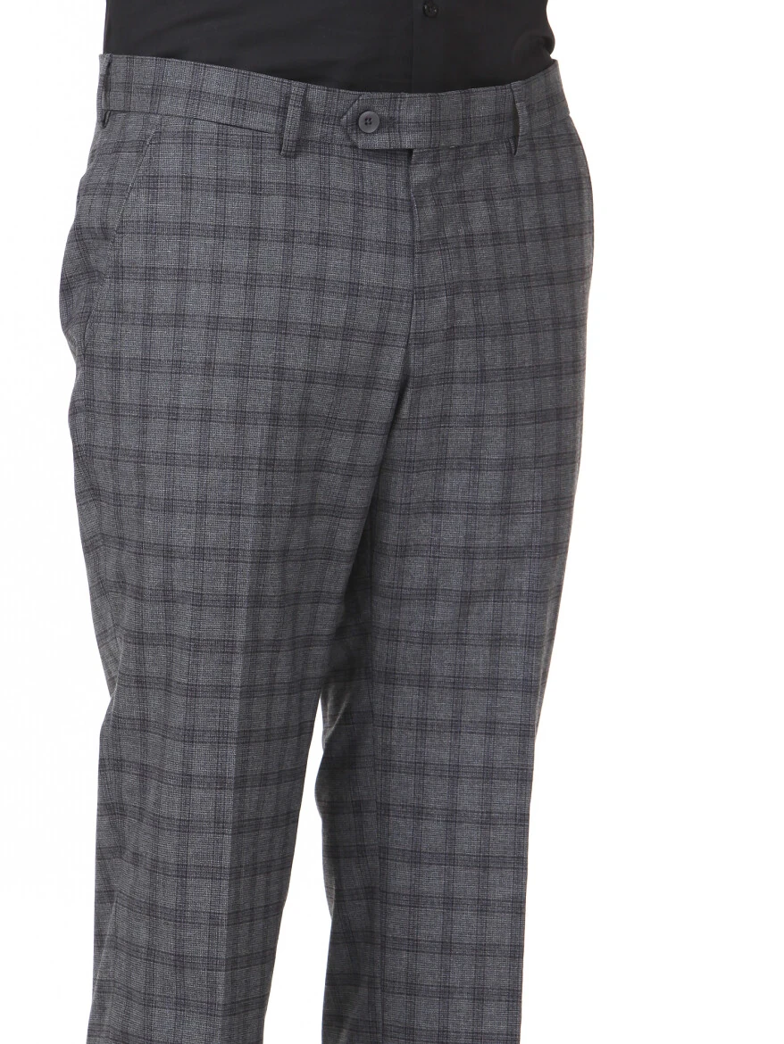 Gri Kareli Dokuma Slim Fit Klasik Yün Karışımlı Pantolon - 3