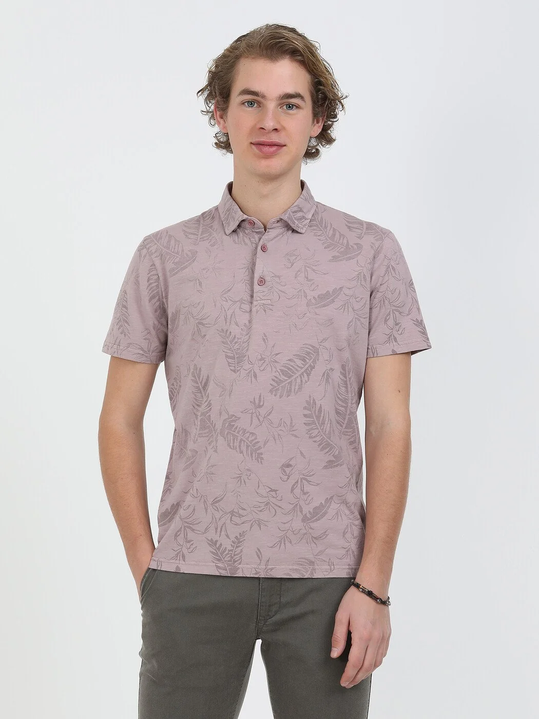 Gül Kurusu Baskılı Polo Yaka %100 Pamuk T-Shirt - 1