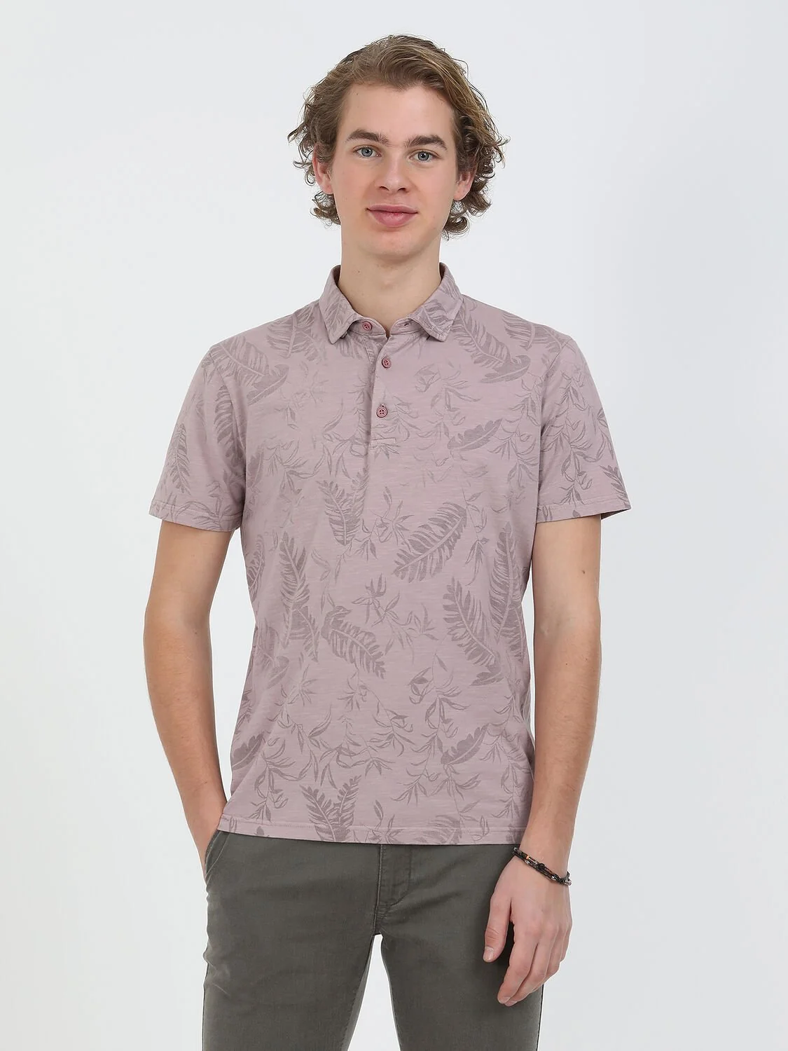 Gül Kurusu Baskılı Polo Yaka %100 Pamuk T-Shirt - 1
