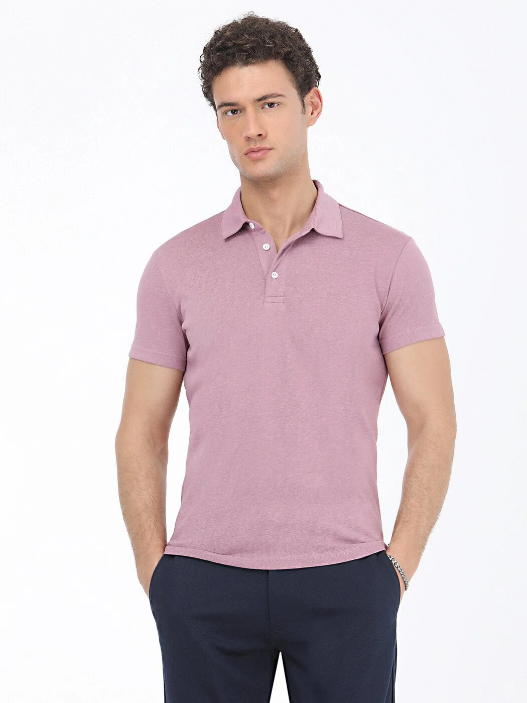Gül Kurusu Düz Polo Yaka Pamuk Karışımlı T-Shirt - 1
