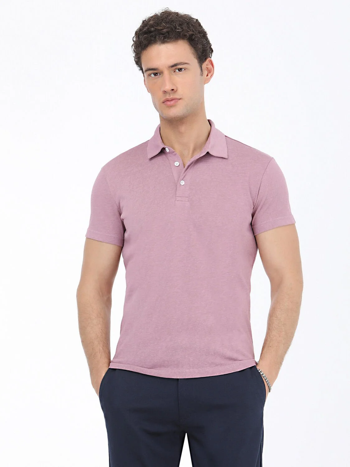 Gül Kurusu Düz Polo Yaka Pamuk Karışımlı T-Shirt - 1