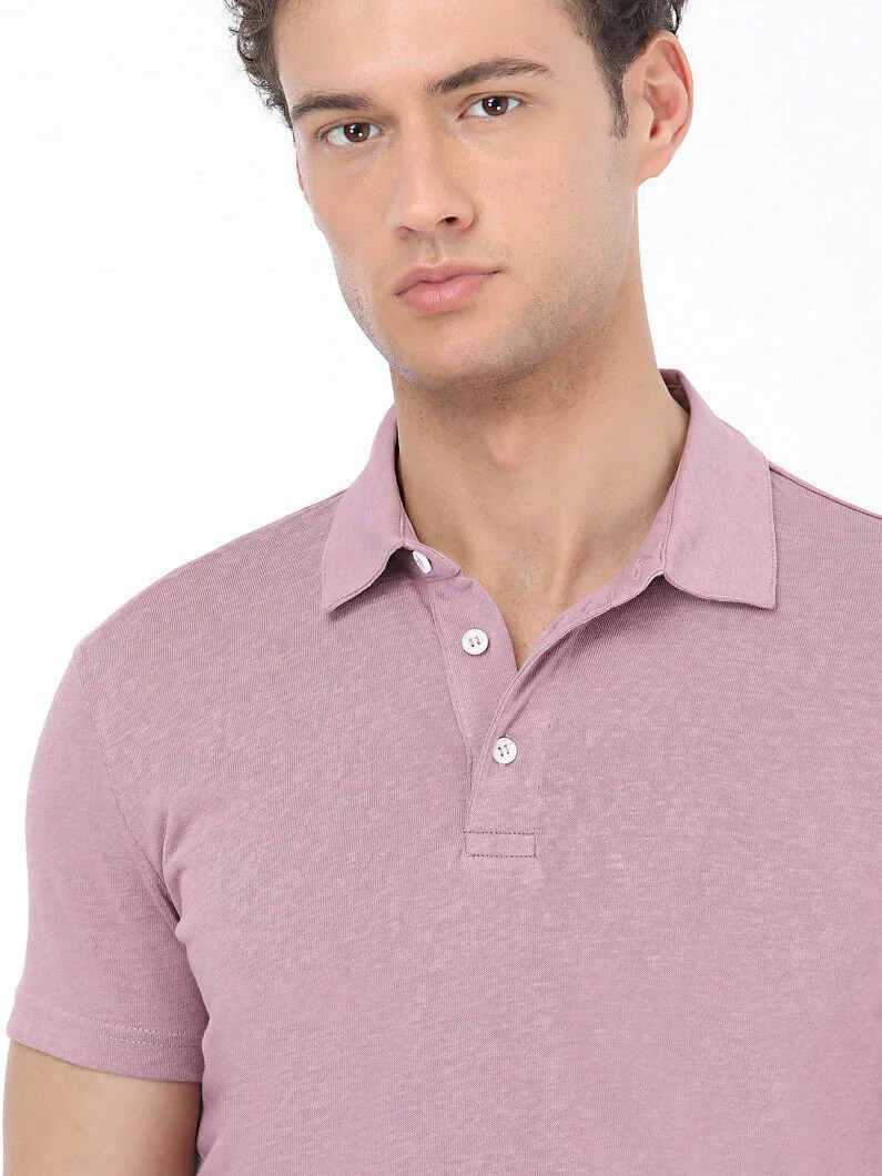 Gül Kurusu Düz Polo Yaka Pamuk Karışımlı T-Shirt - 3