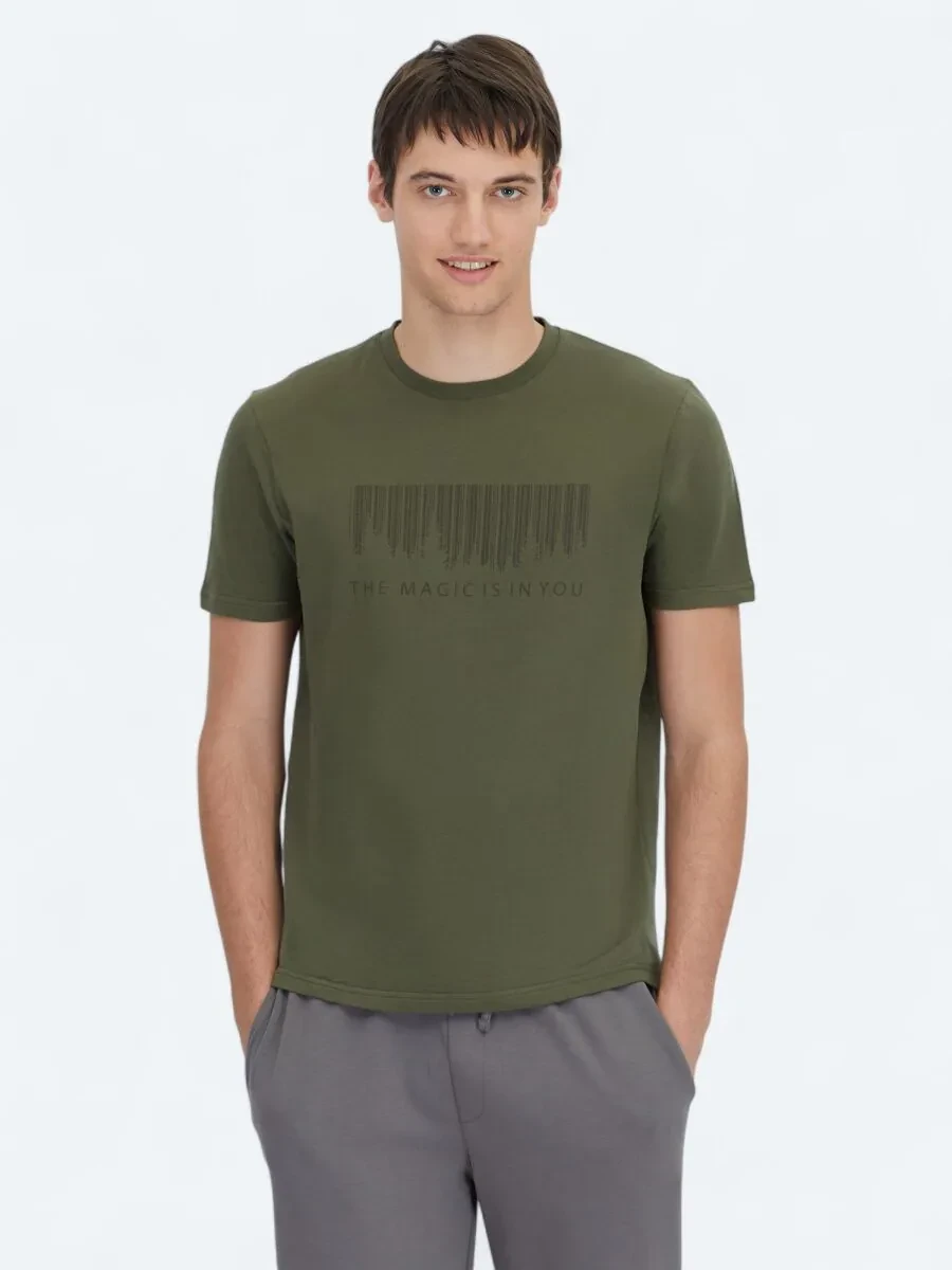 Haki Baskılı Bisiklet Yaka %100 Pamuk T-Shirt - 1