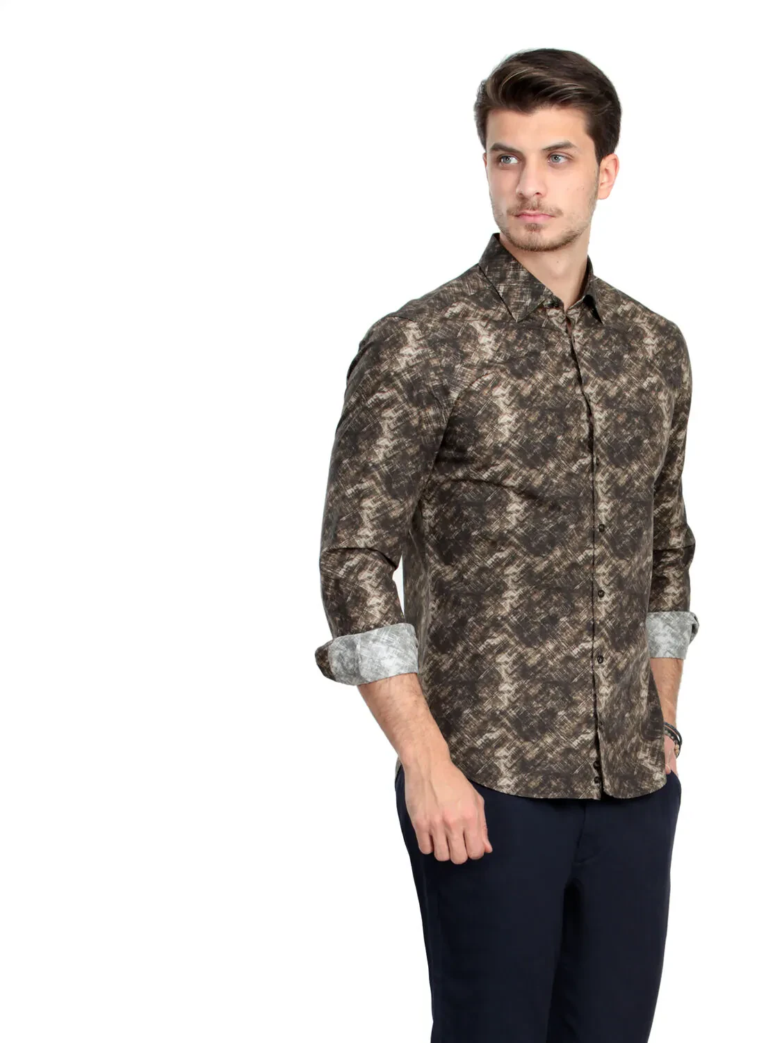 Haki Baskılı Slim Fit Dokuma Casual %100 Pamuk Gömlek - 1