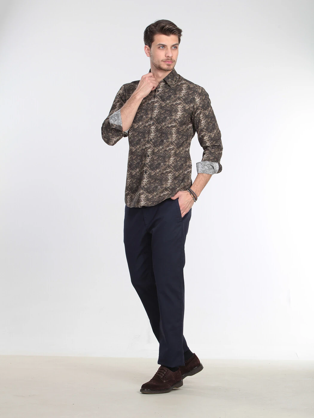 Haki Baskılı Slim Fit Dokuma Casual %100 Pamuk Gömlek - 2