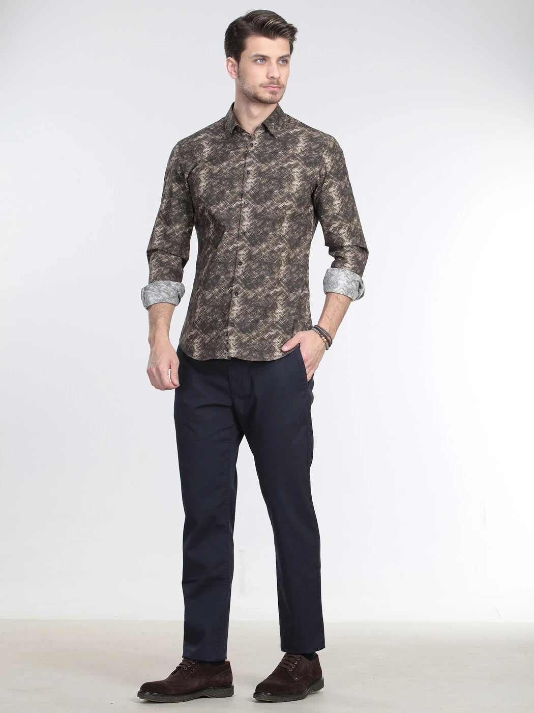 Haki Baskılı Slim Fit Dokuma Casual %100 Pamuk Gömlek - 3