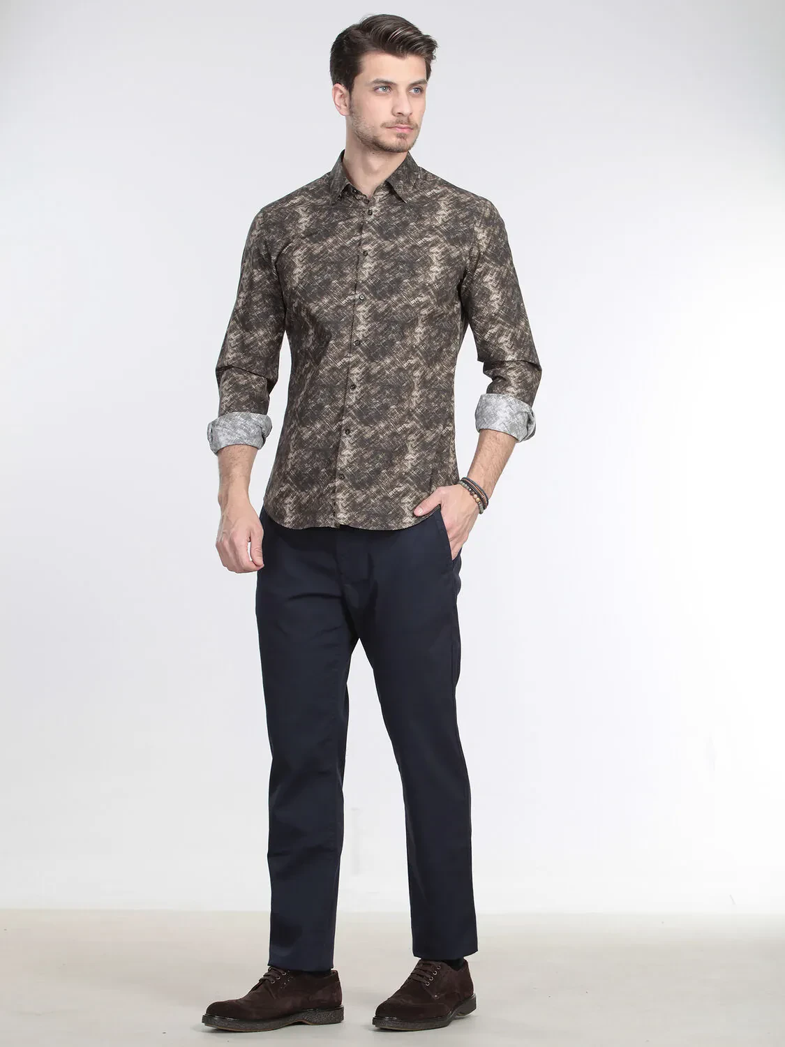 Haki Baskılı Slim Fit Dokuma Casual %100 Pamuk Gömlek - 3