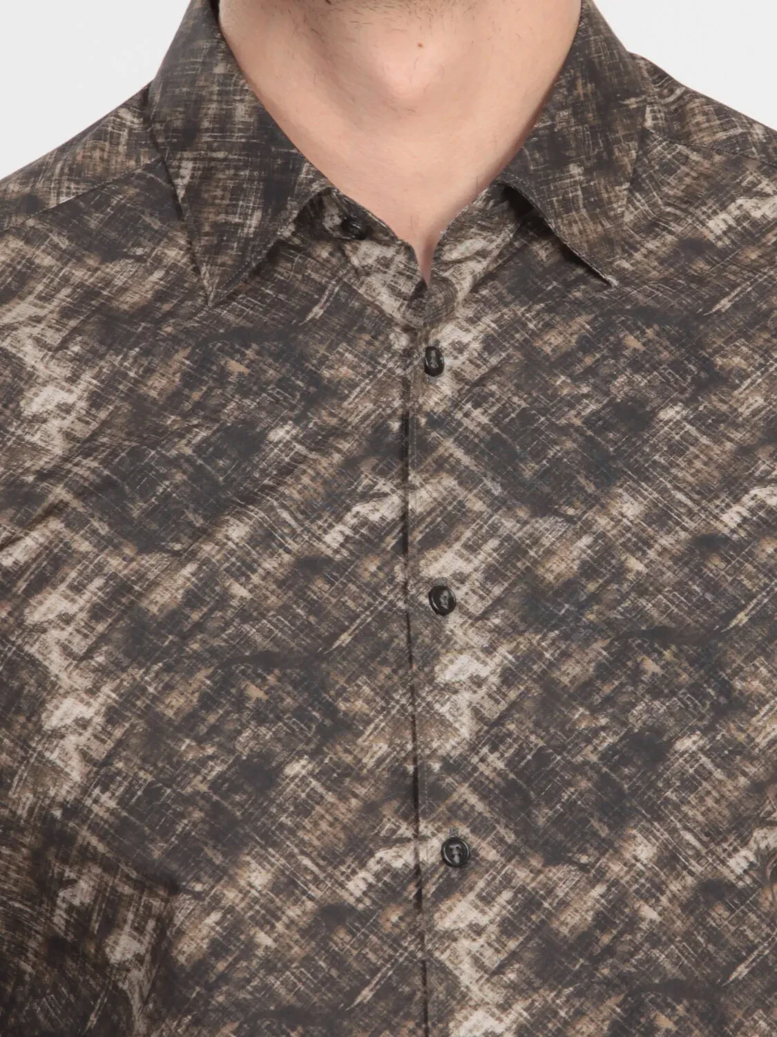 Haki Baskılı Slim Fit Dokuma Casual %100 Pamuk Gömlek - 5