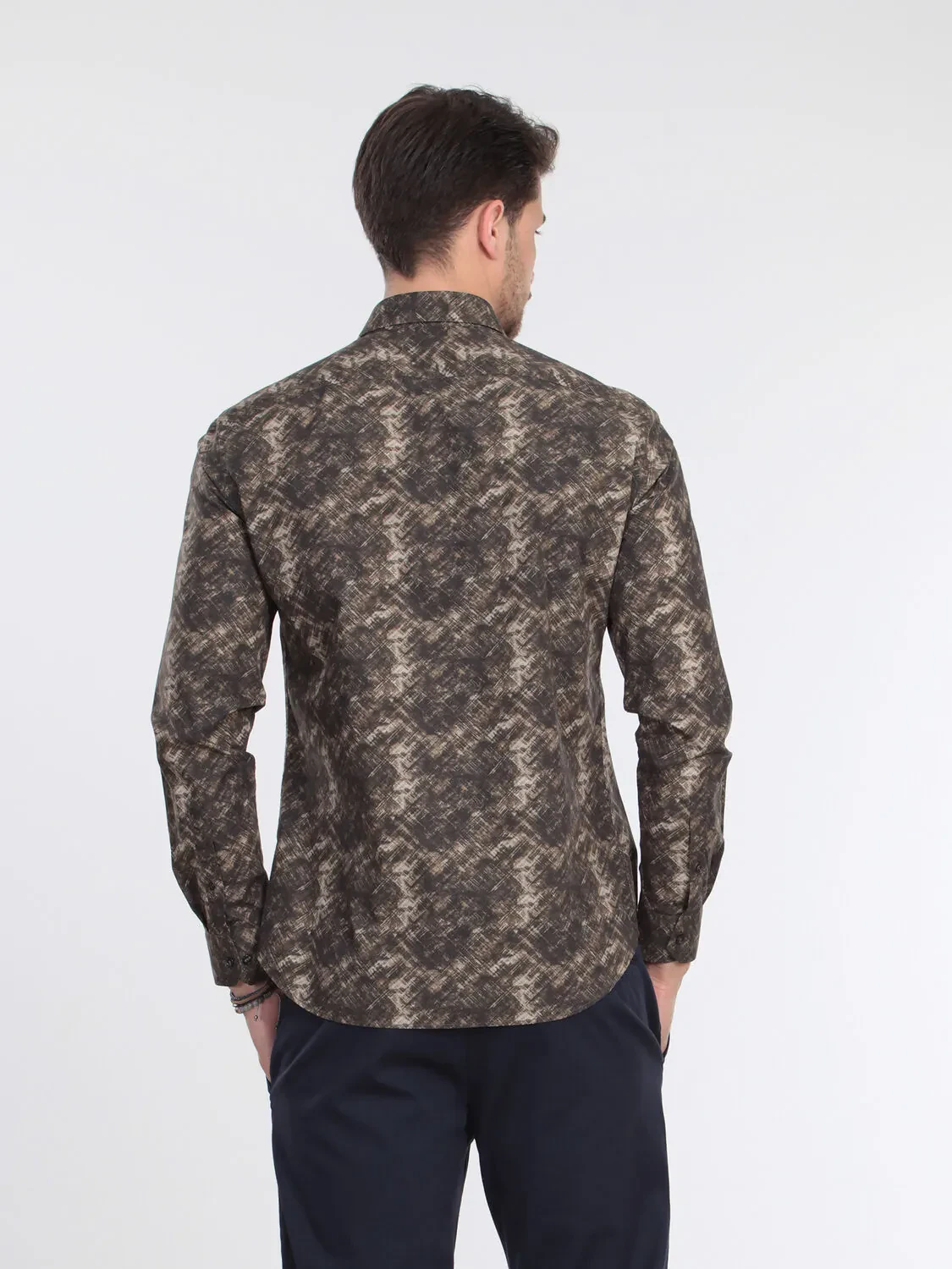 Haki Baskılı Slim Fit Dokuma Casual %100 Pamuk Gömlek - 6