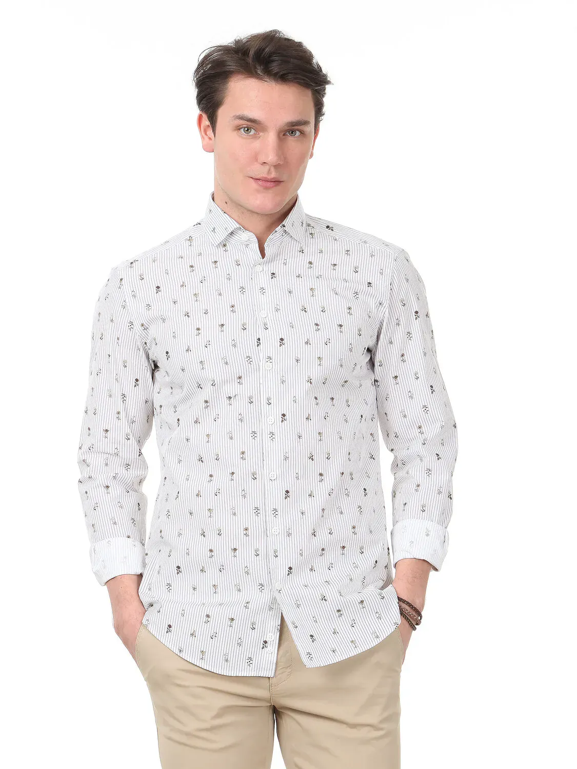 Haki Baskılı Slim Fit Dokuma Casual %100 Pamuk Gömlek - 1