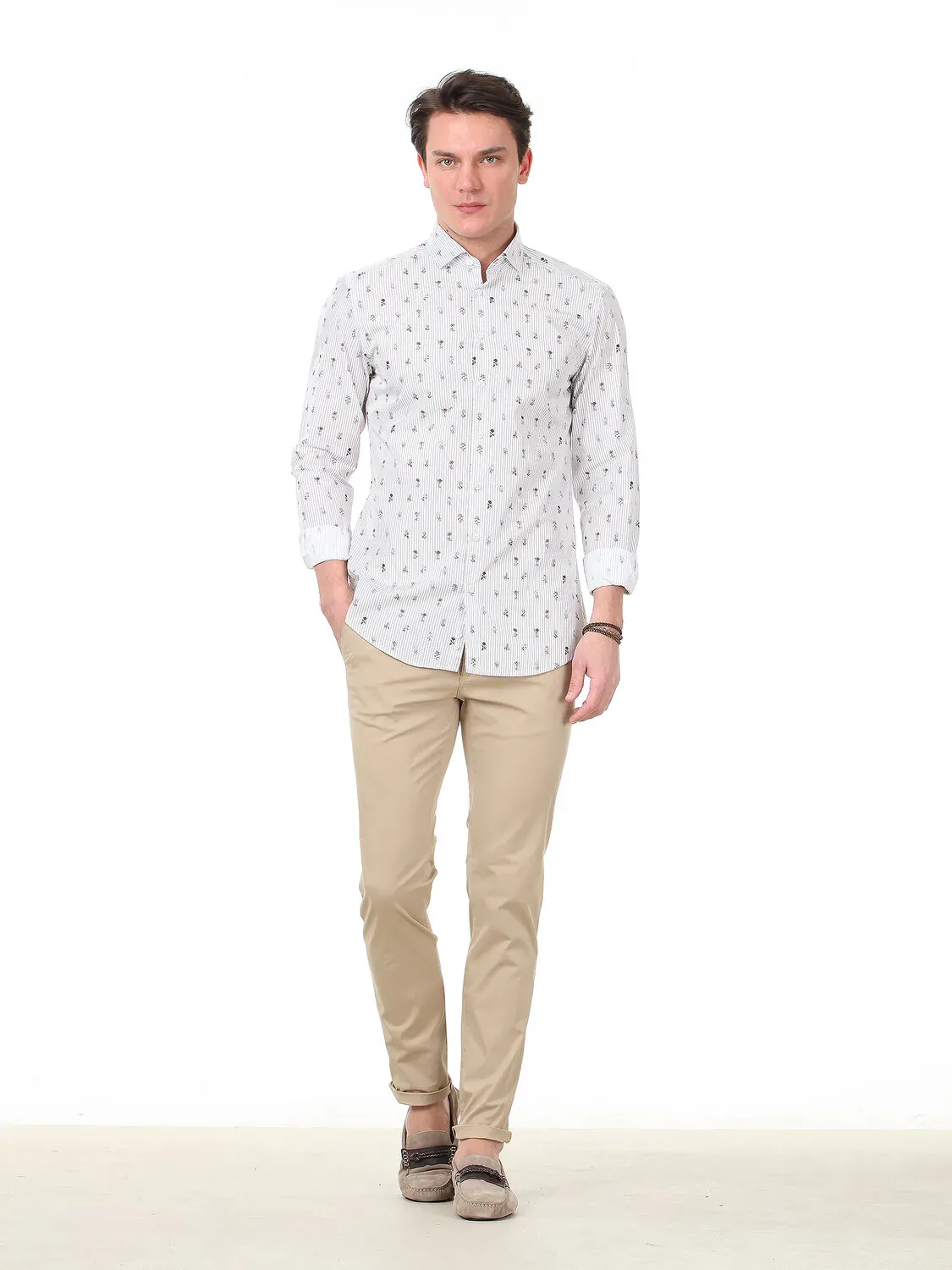 Haki Baskılı Slim Fit Dokuma Casual %100 Pamuk Gömlek - 2