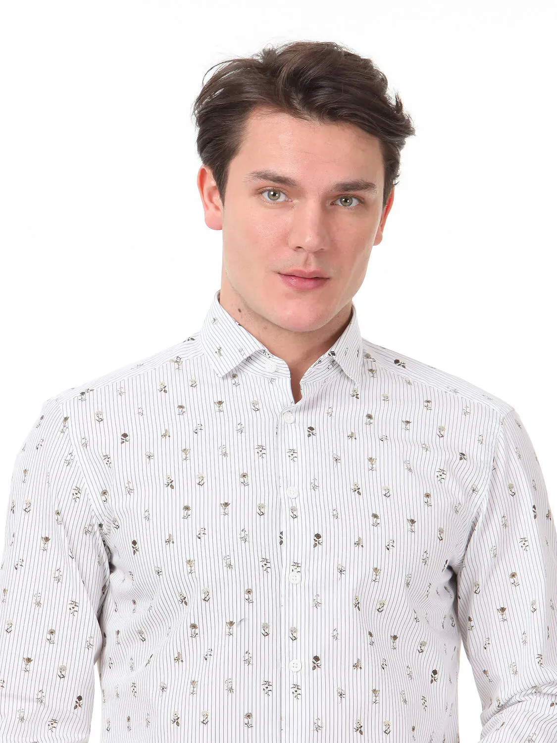 Haki Baskılı Slim Fit Dokuma Casual %100 Pamuk Gömlek - 3