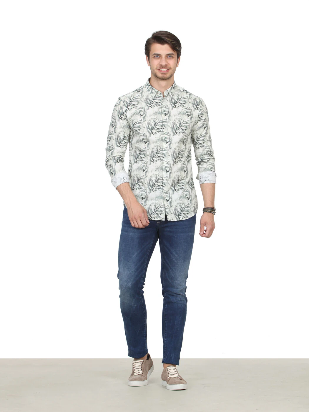 Haki Desenli Slim Fit Dokuma Casual %100 Pamuk Gömlek - 1