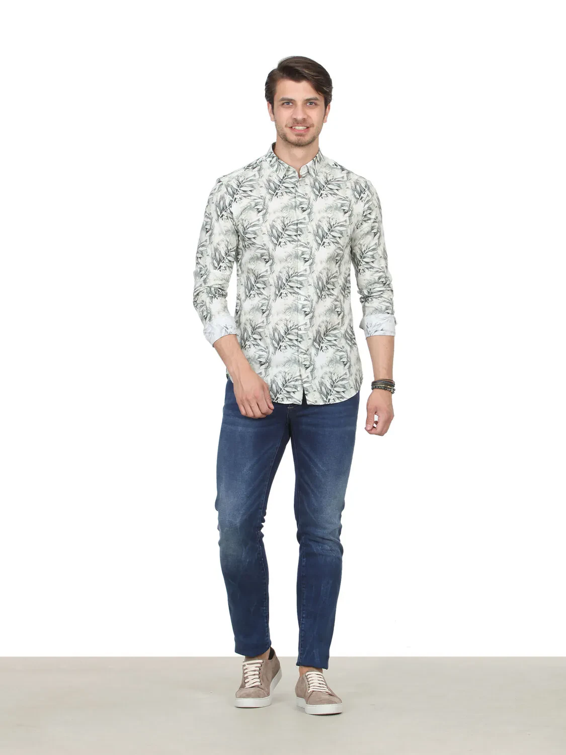 Haki Desenli Slim Fit Dokuma Casual %100 Pamuk Gömlek - 1