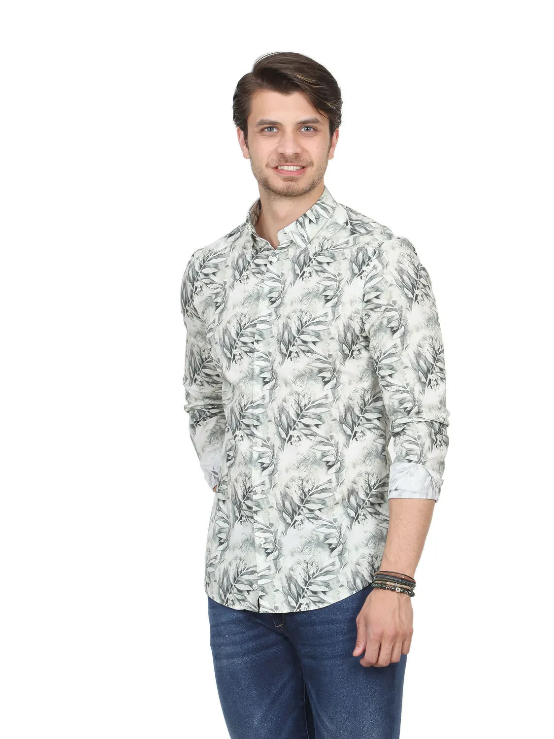 Haki Desenli Slim Fit Dokuma Casual %100 Pamuk Gömlek - 2