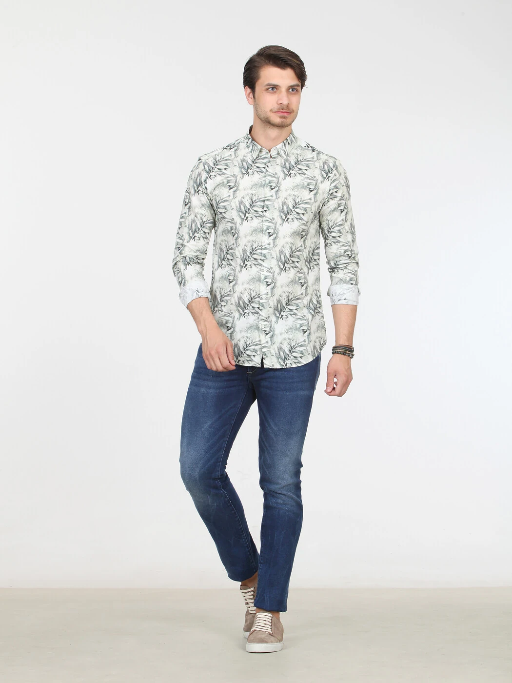 Haki Desenli Slim Fit Dokuma Casual %100 Pamuk Gömlek - 3