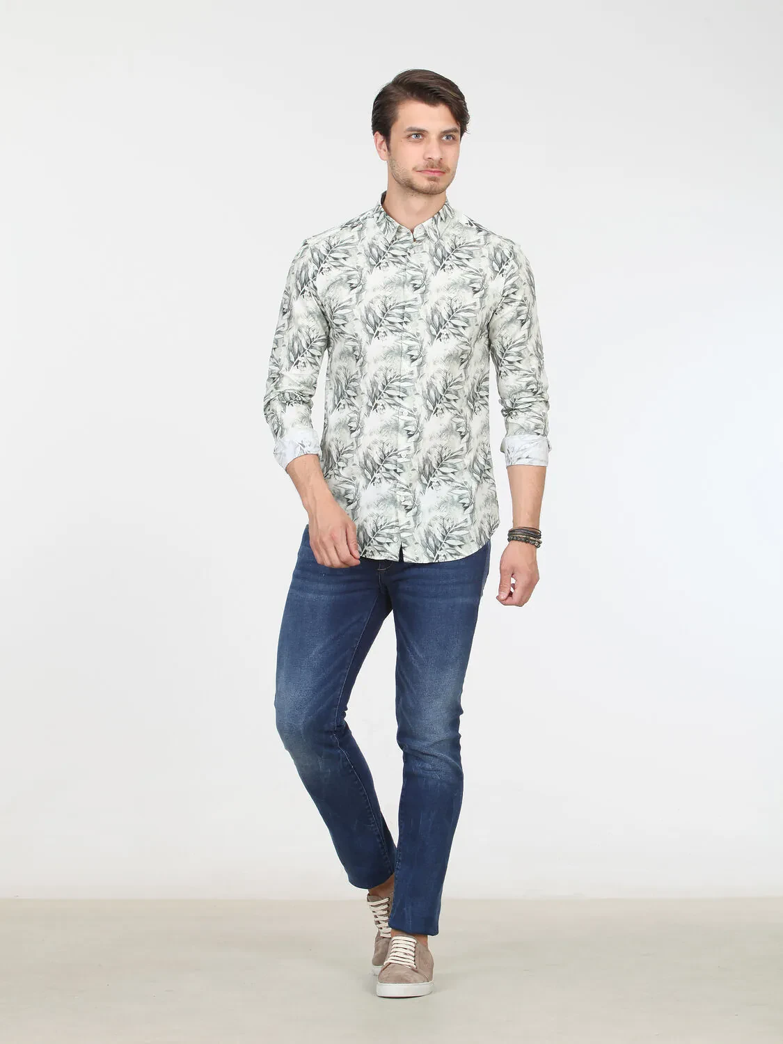 Haki Desenli Slim Fit Dokuma Casual %100 Pamuk Gömlek - 3