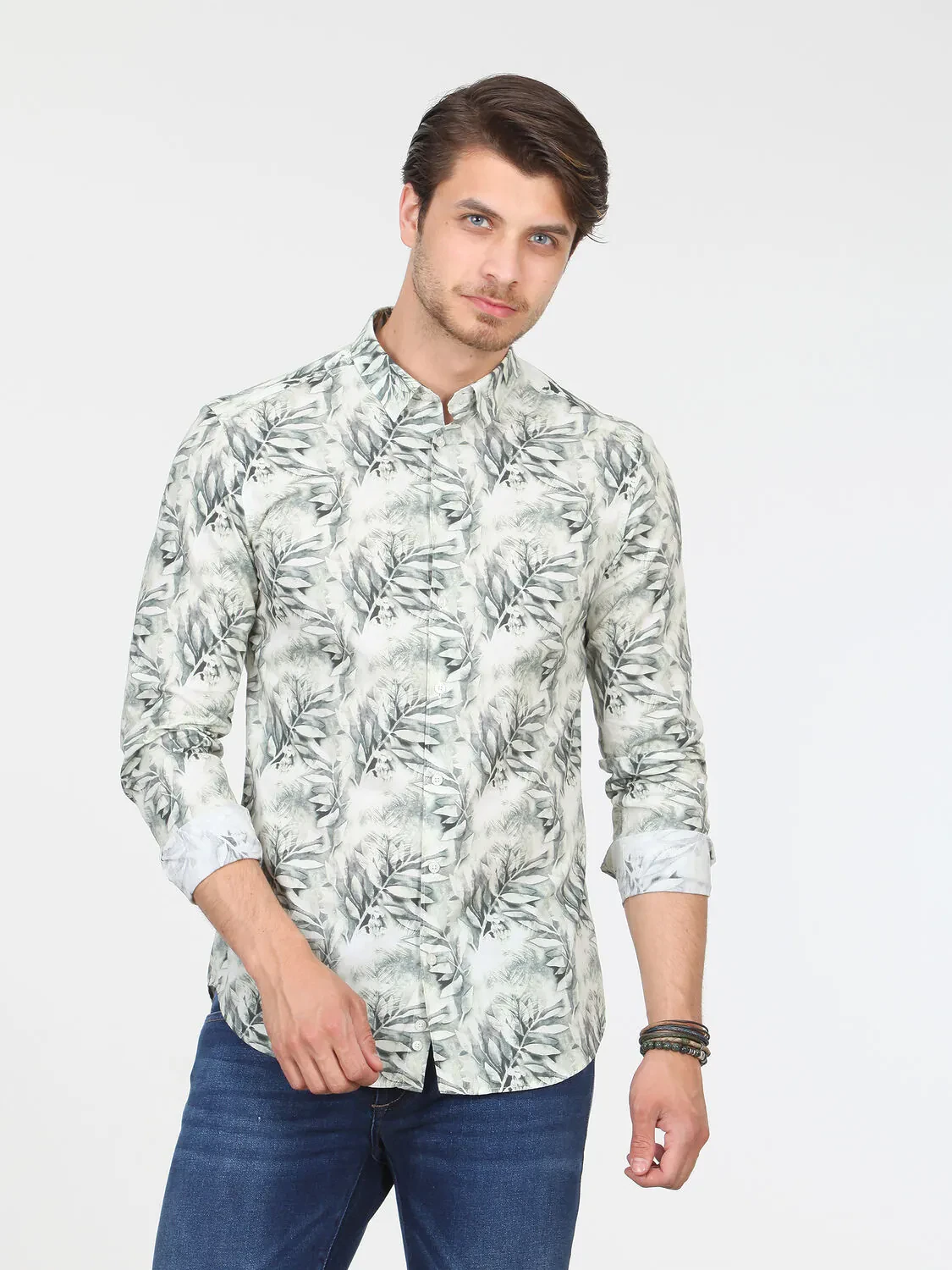 Haki Desenli Slim Fit Dokuma Casual %100 Pamuk Gömlek - 4