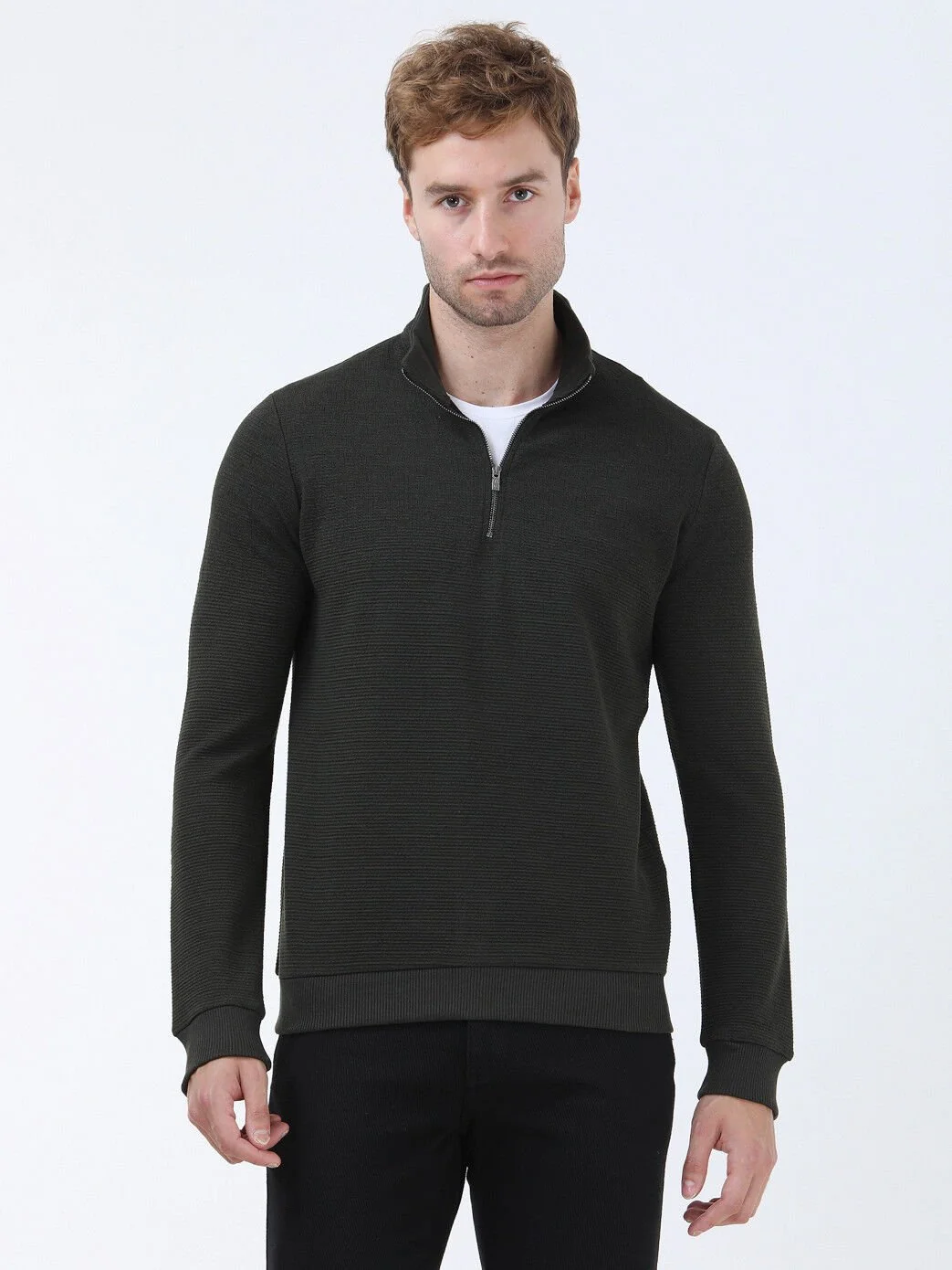 Haki Dik Yaka Jakarlı Sweatshırt - 1