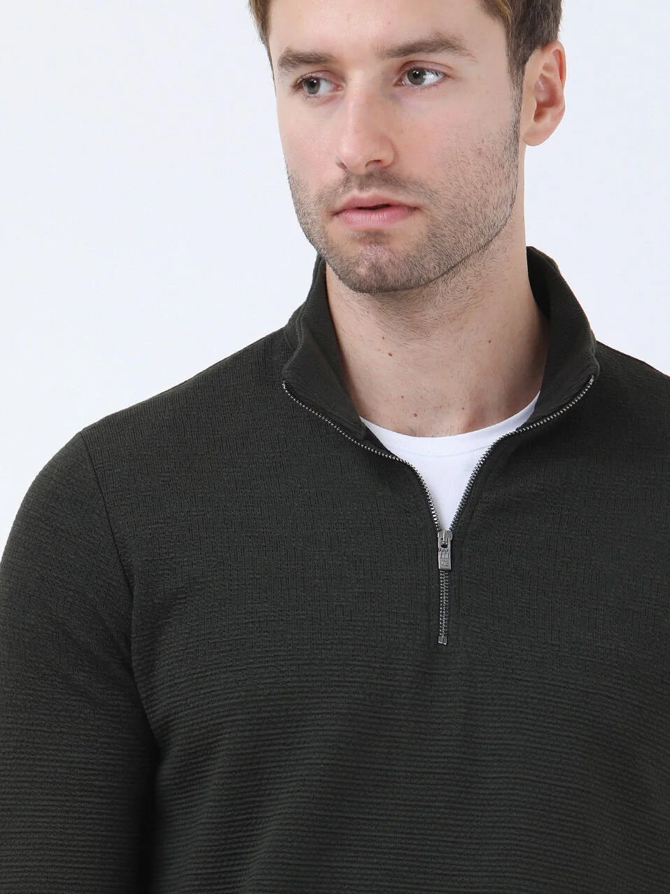 Haki Dik Yaka Jakarlı Sweatshırt - 4