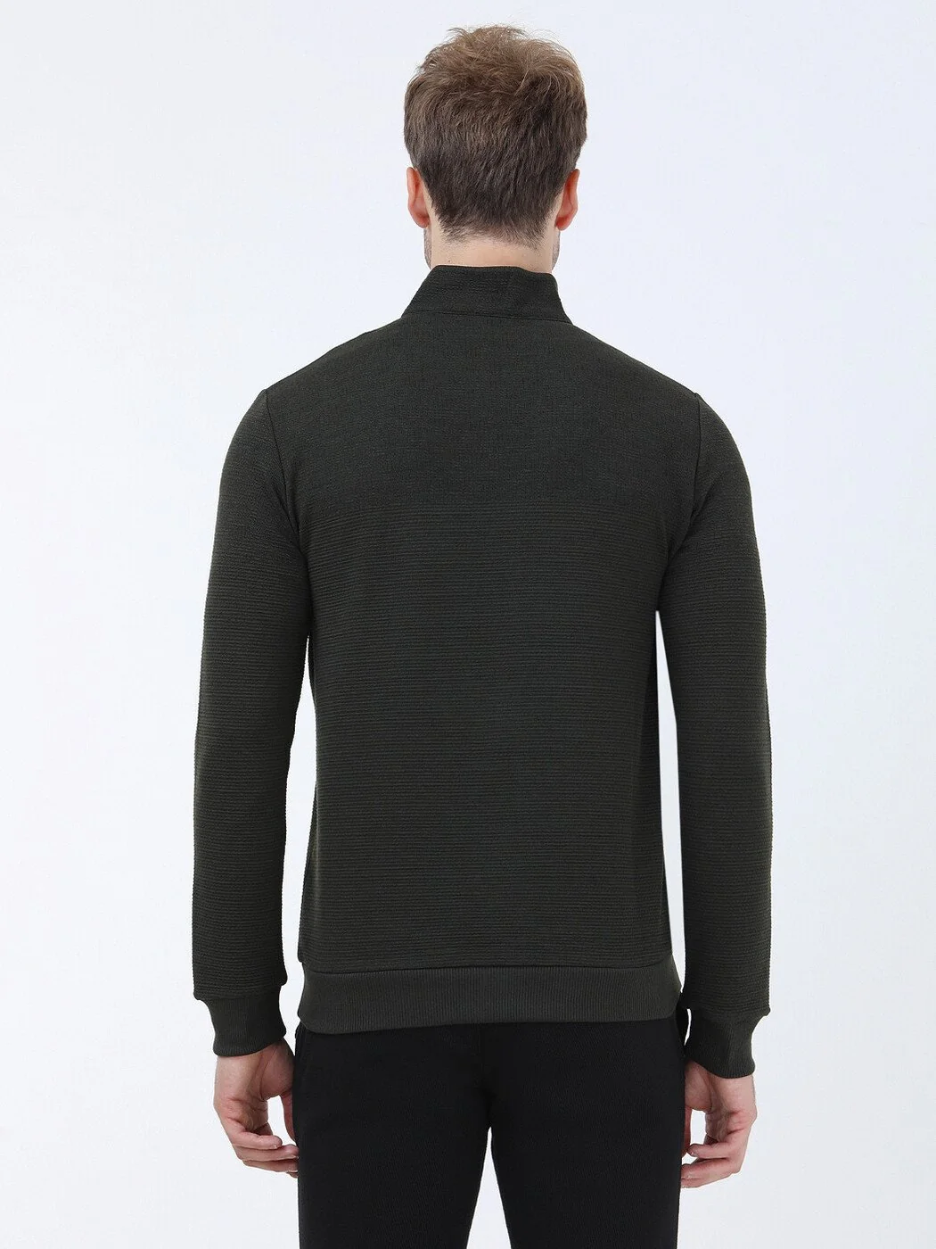 Haki Dik Yaka Jakarlı Sweatshırt - 5