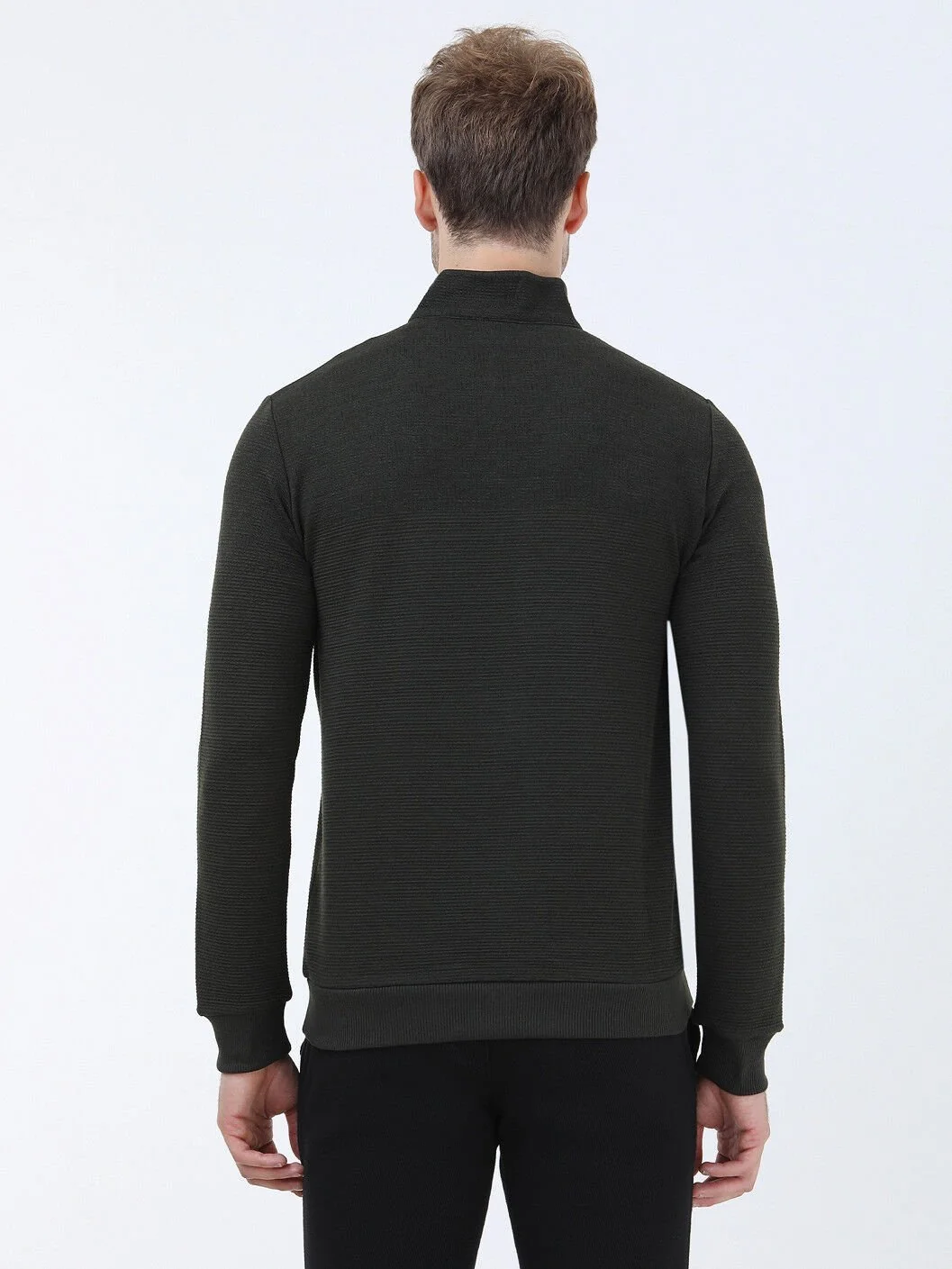 Haki Dik Yaka Jakarlı Sweatshırt - 5
