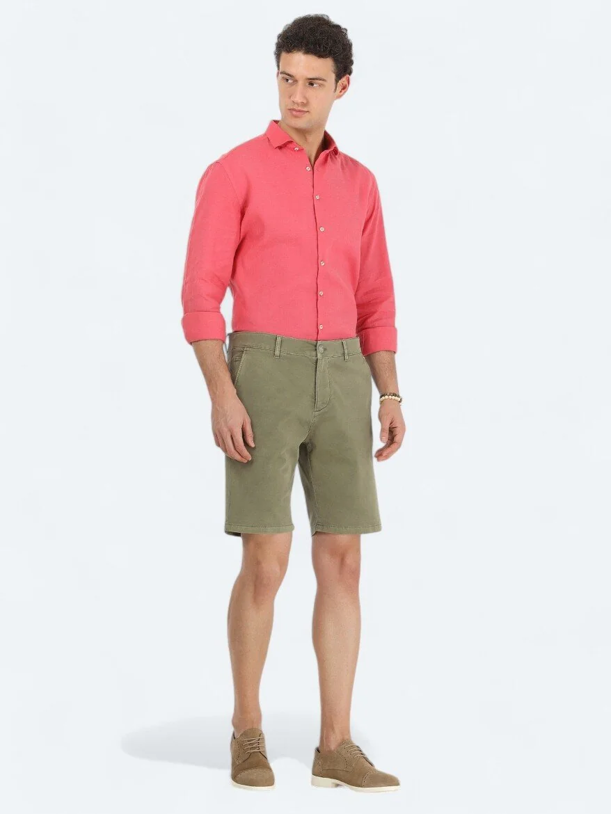 Haki Dokuma Slim Fit Casual Pamuk Karışımlı Bermuda - 1