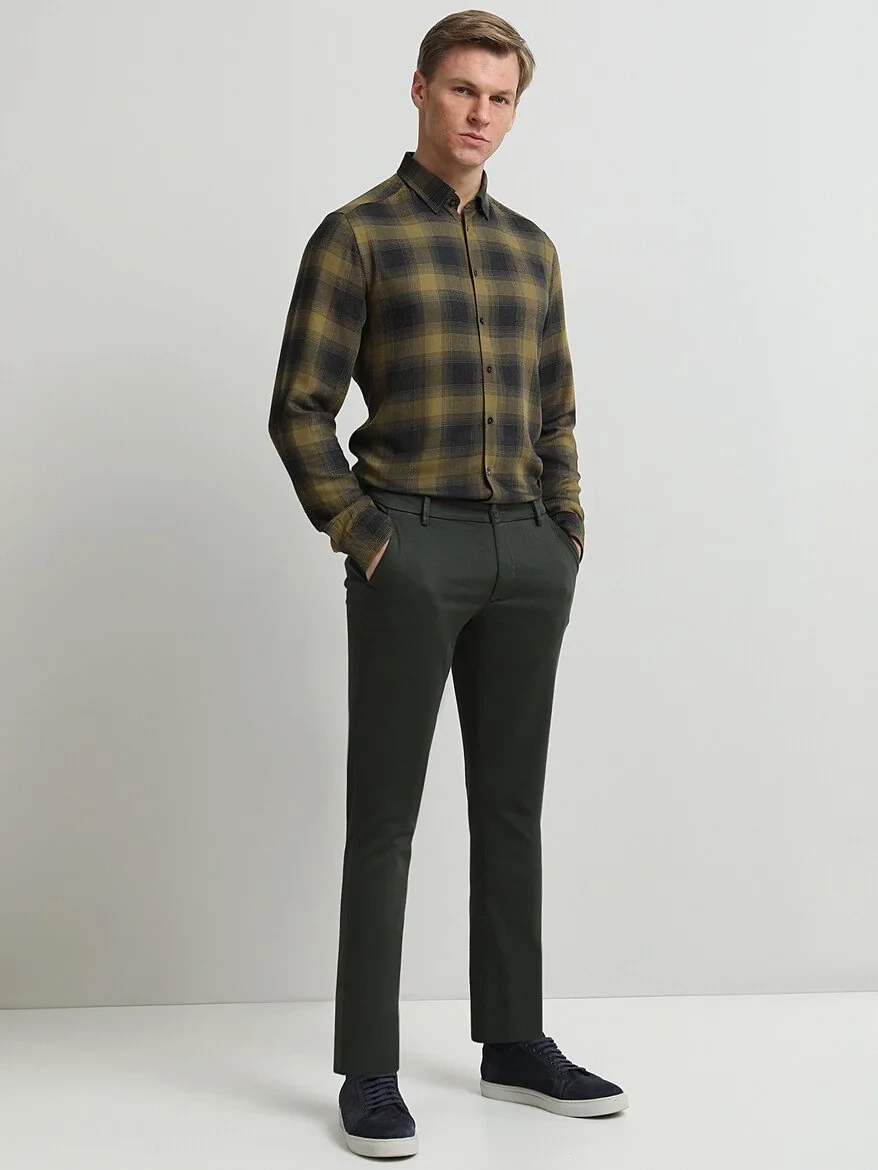 Haki Dokuma Slim Fit Smart Casual Pamuk Karışımlı Pantolon - 2