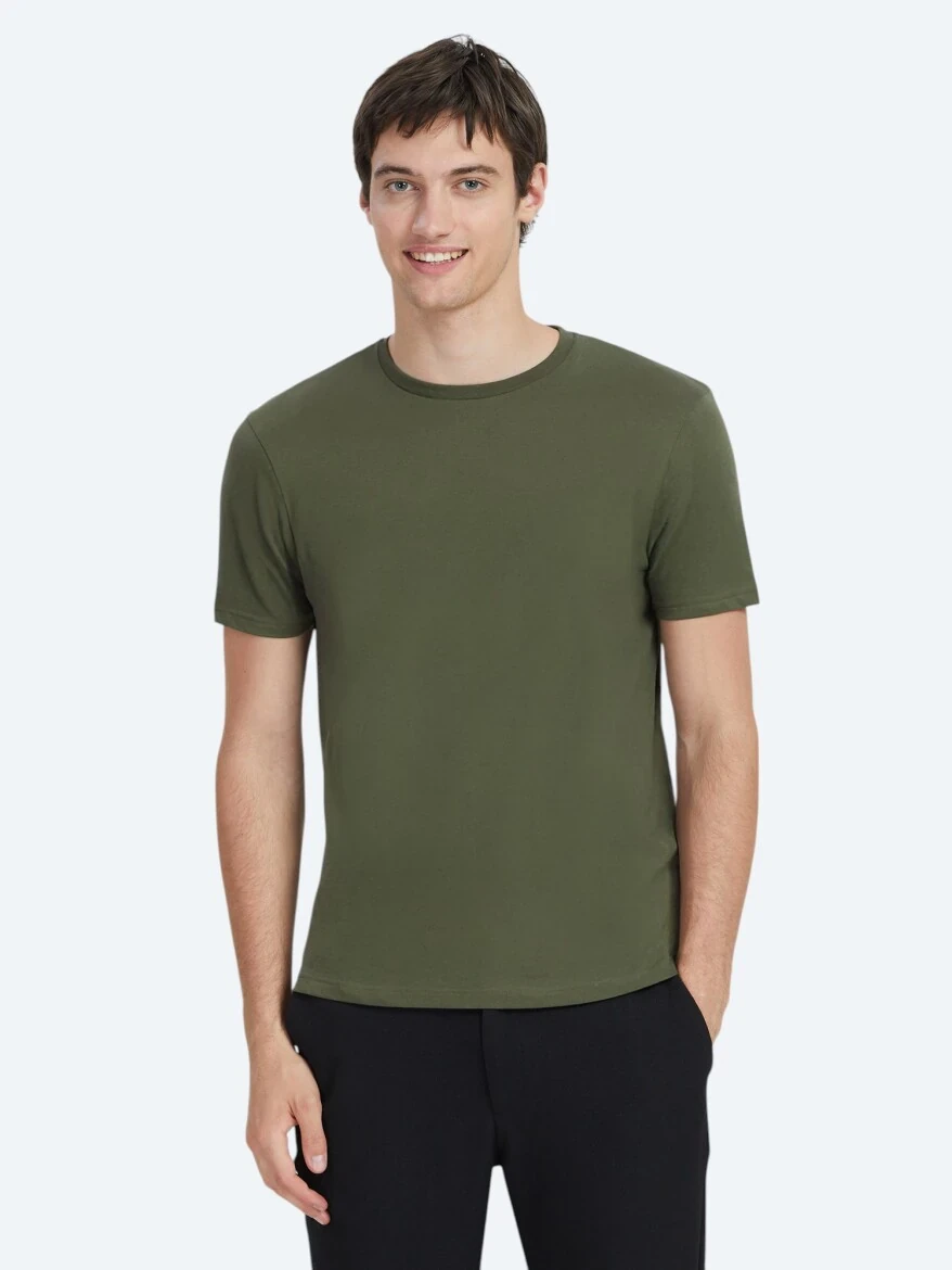 Haki Düz Bisiklet Yaka %100 Pamuk T-Shirt 