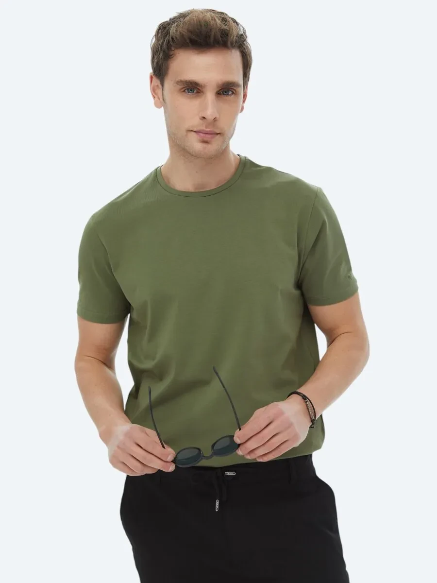 Haki Düz Bisiklet Yaka Pamuk Karışımlı T-Shirt - 1