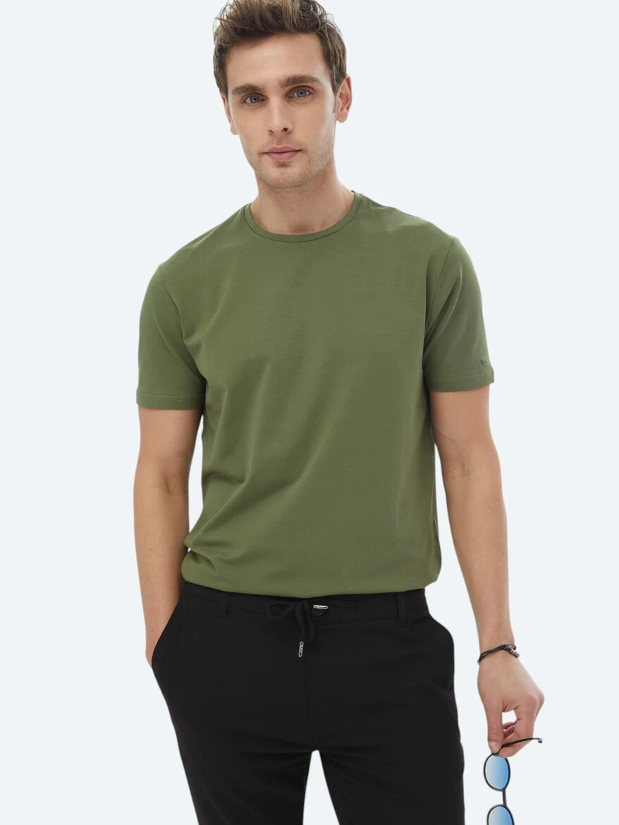 Haki Düz Bisiklet Yaka Pamuk Karışımlı T-Shirt - 2