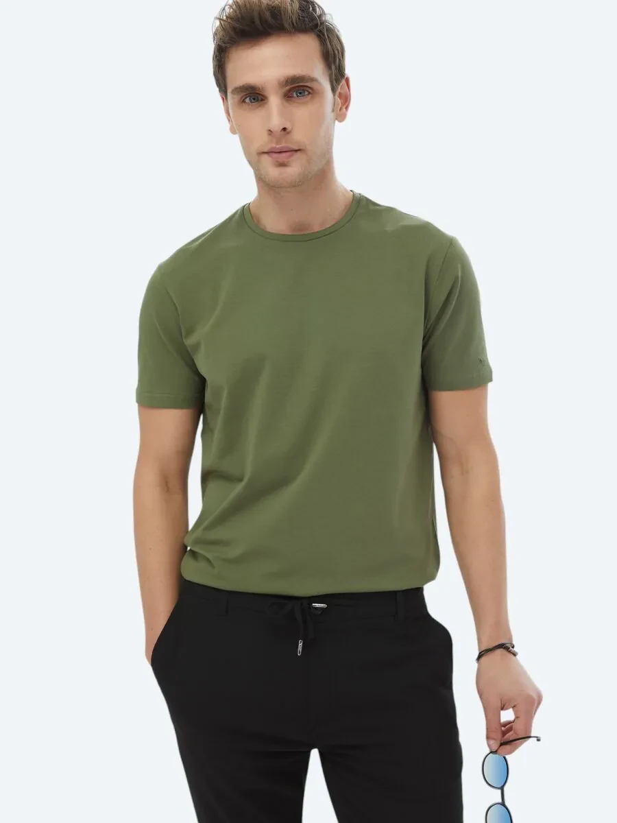 Haki Düz Bisiklet Yaka Pamuk Karışımlı T-Shirt - 2
