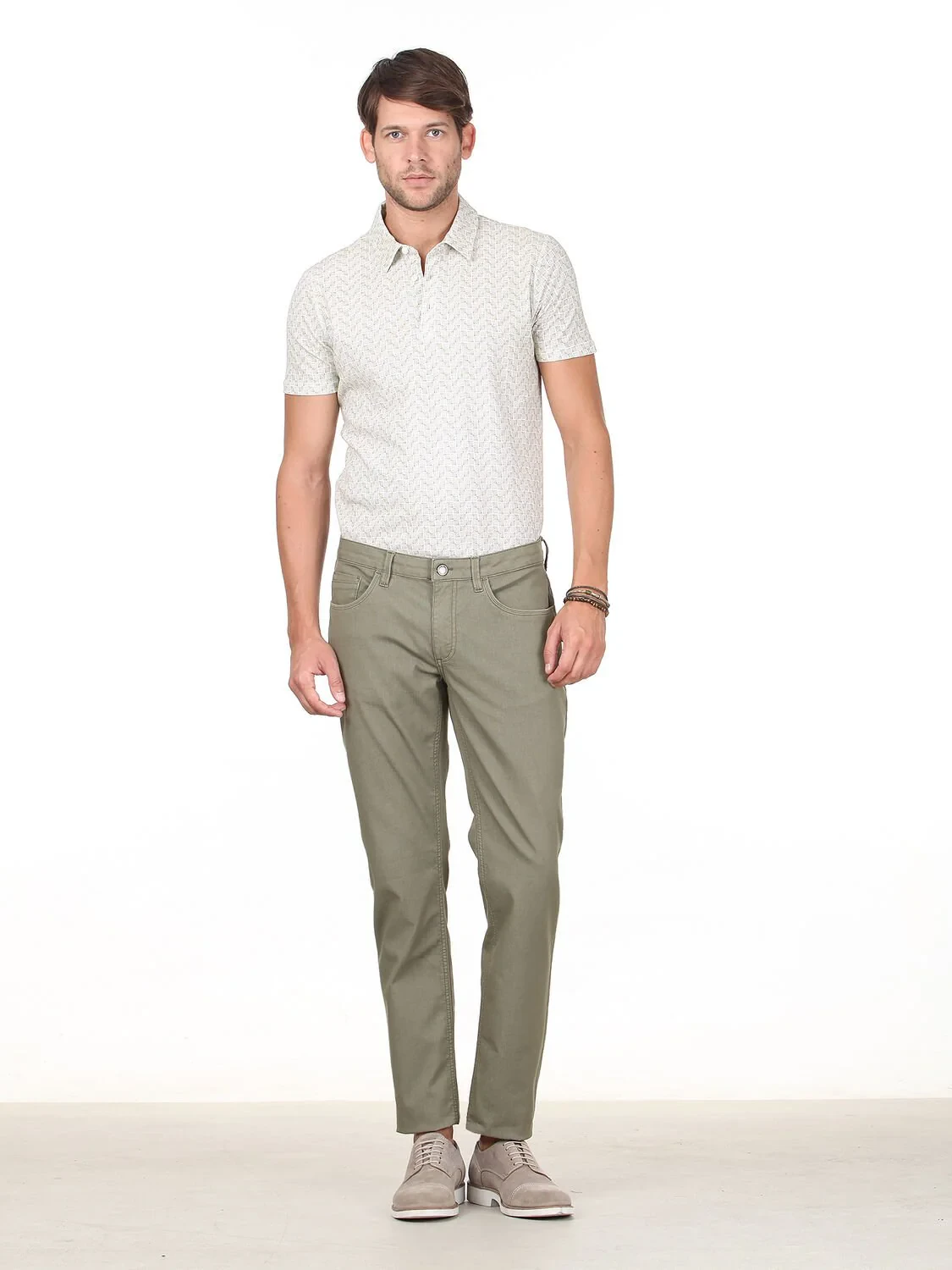 Haki Düz Dokuma Slim Fit Casual Pamuk Karışımlı Pantolon - 1