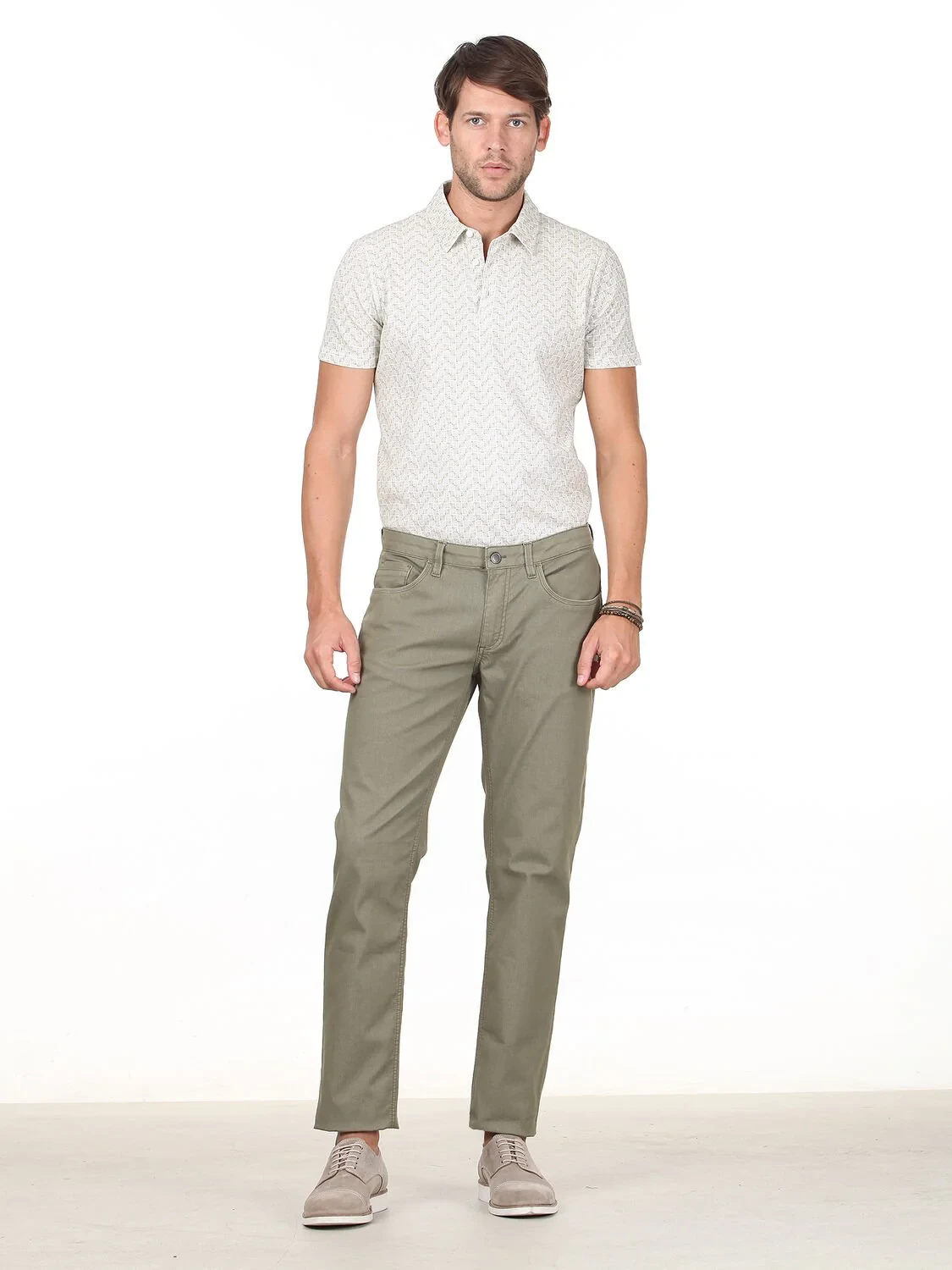 Haki Düz Dokuma Slim Fit Casual Pamuk Karışımlı Pantolon - 2