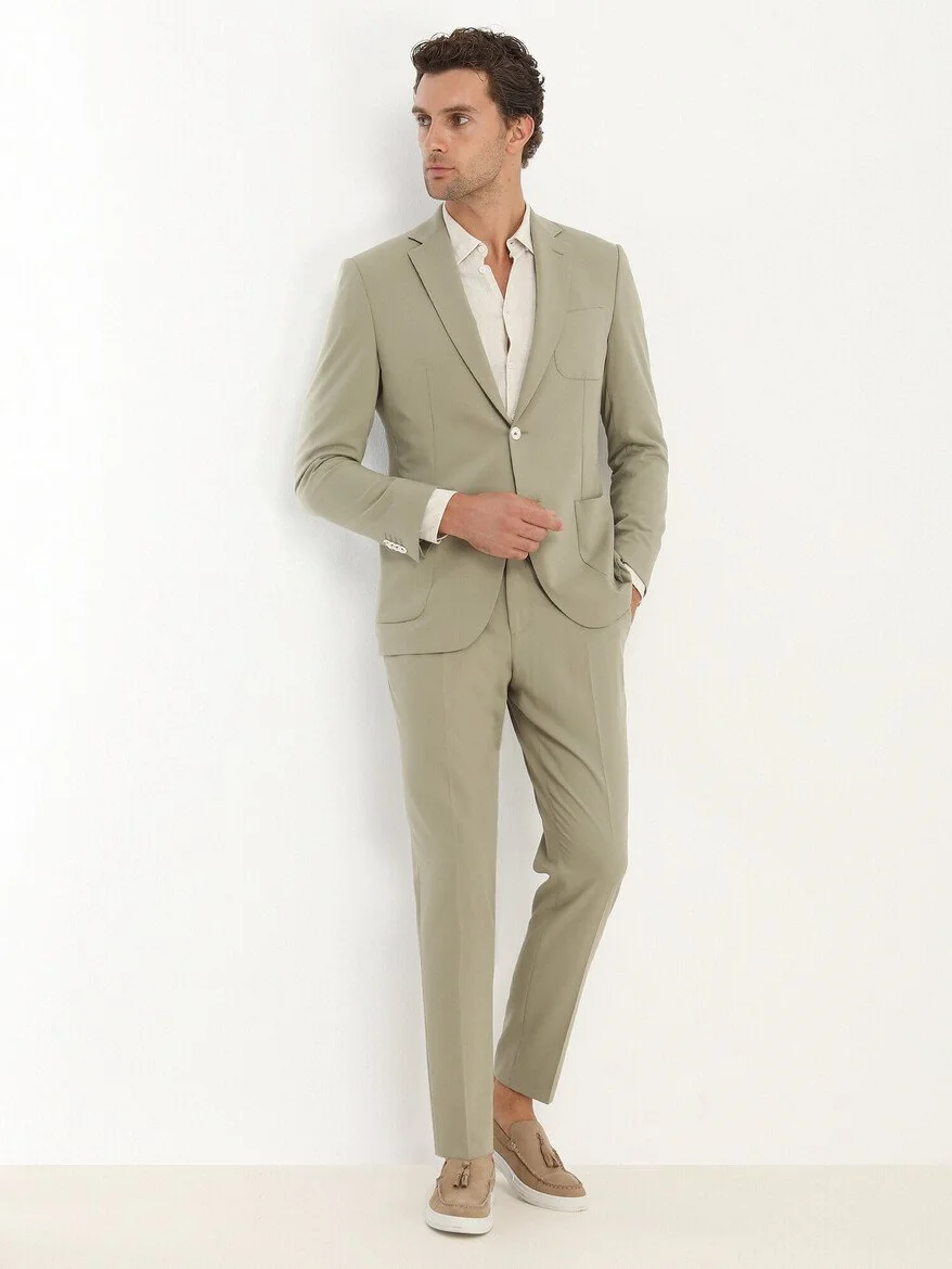Haki Düz Modern Fit Takım Elbise - 4