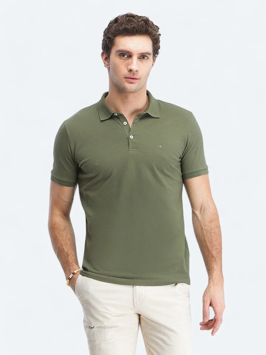 Haki Düz Polo Yaka %100 Pamuk T-Shirt - 1