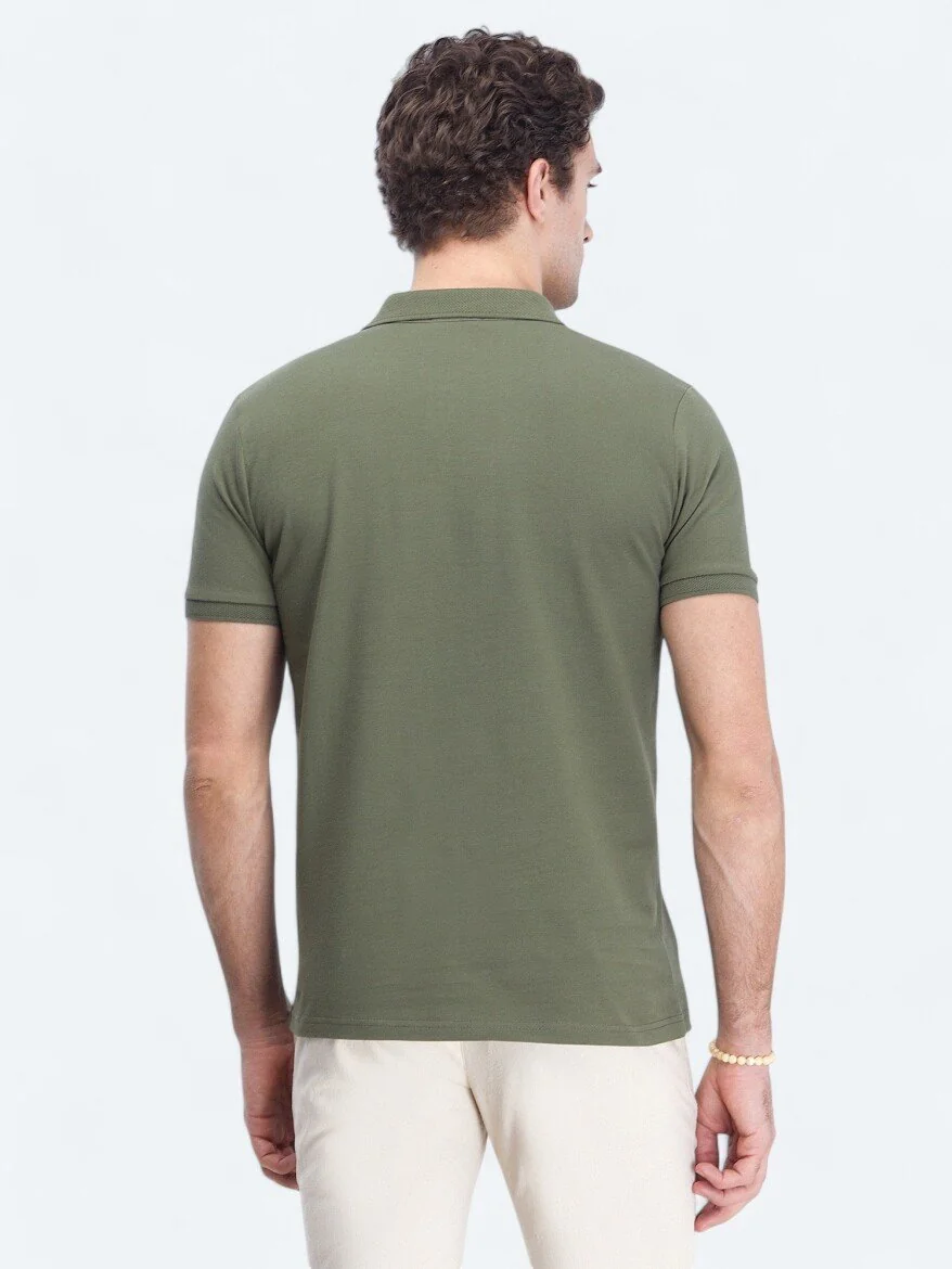 Haki Düz Polo Yaka %100 Pamuk T-Shirt - 4