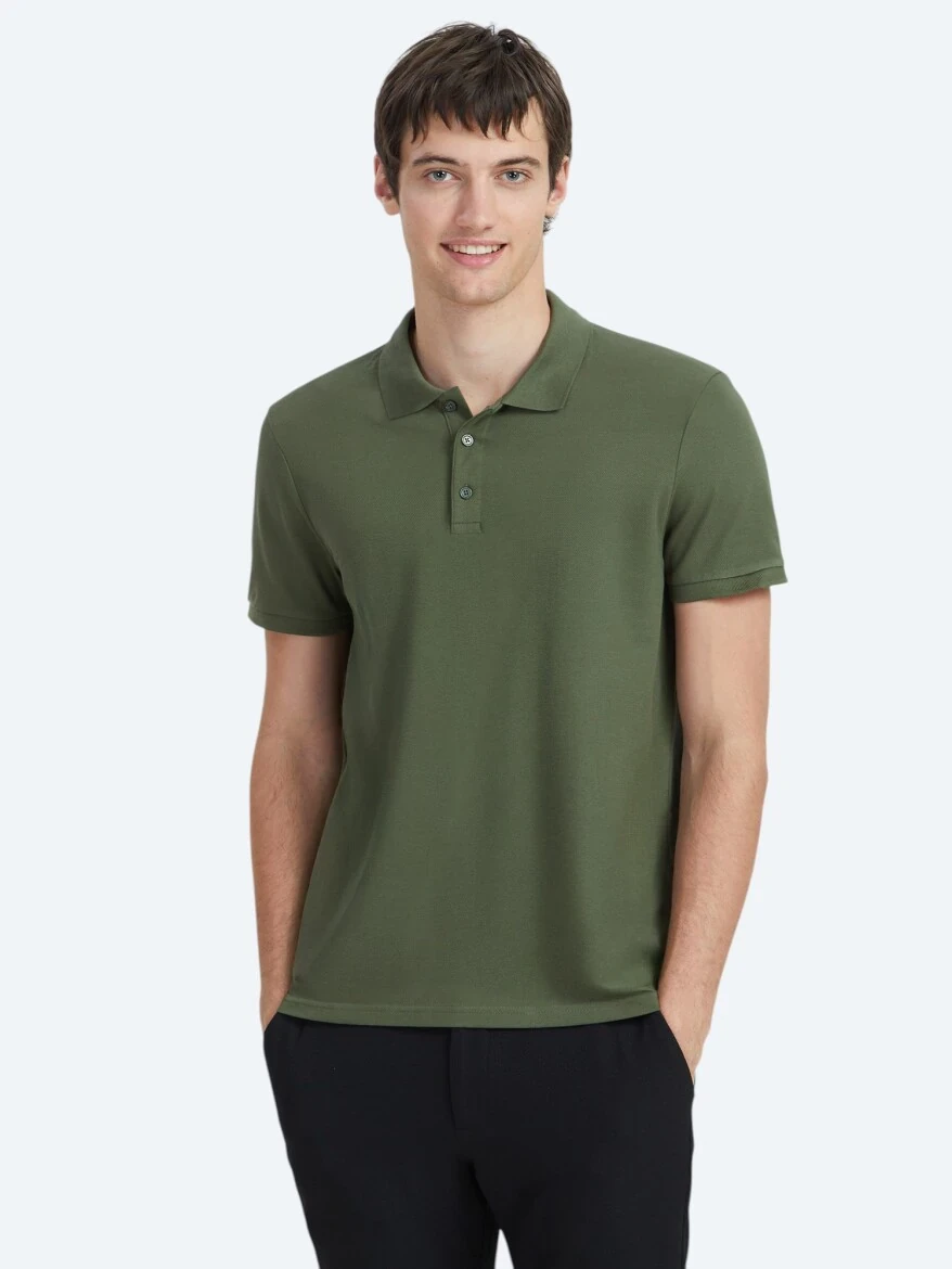 Haki Düz Polo Yaka %100 Pamuk T-Shirt 