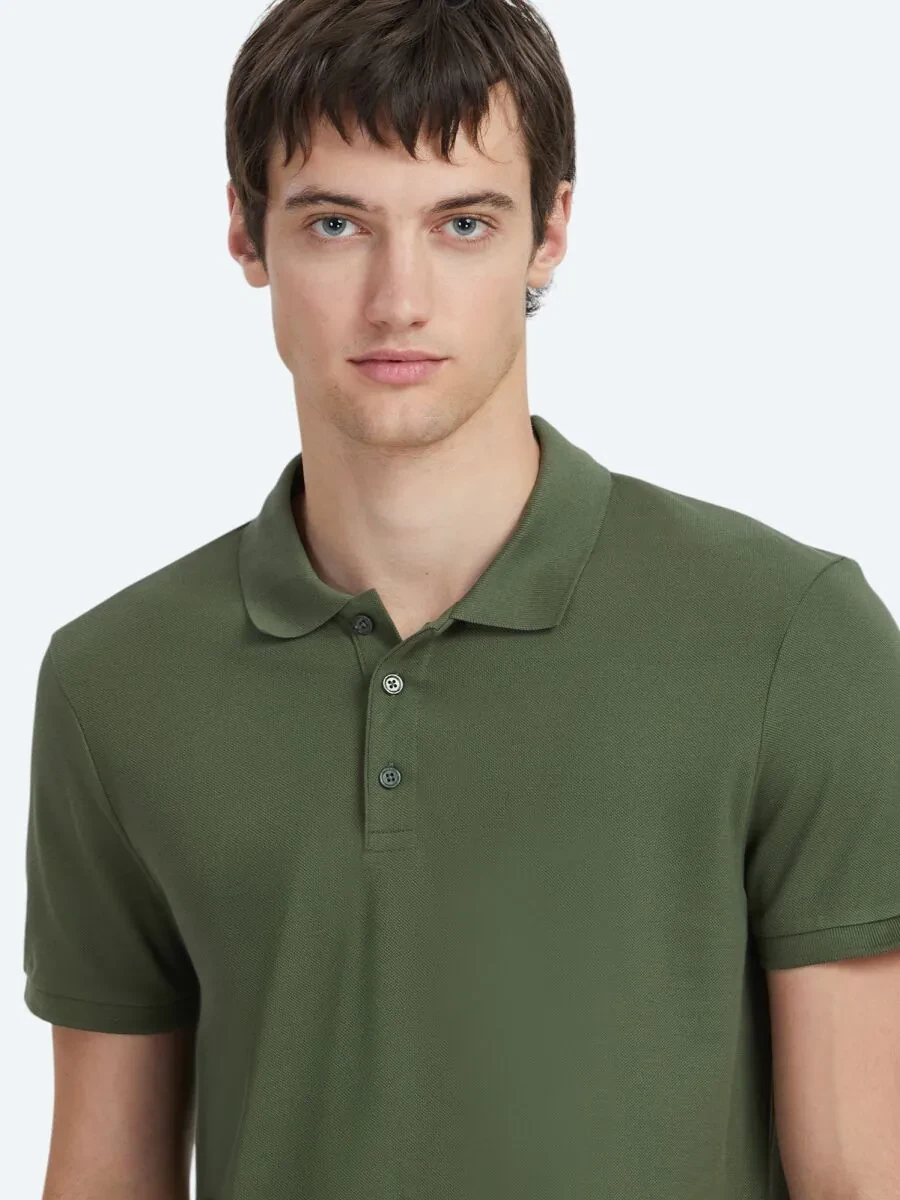 Haki Düz Polo Yaka %100 Pamuk T-Shirt - 3