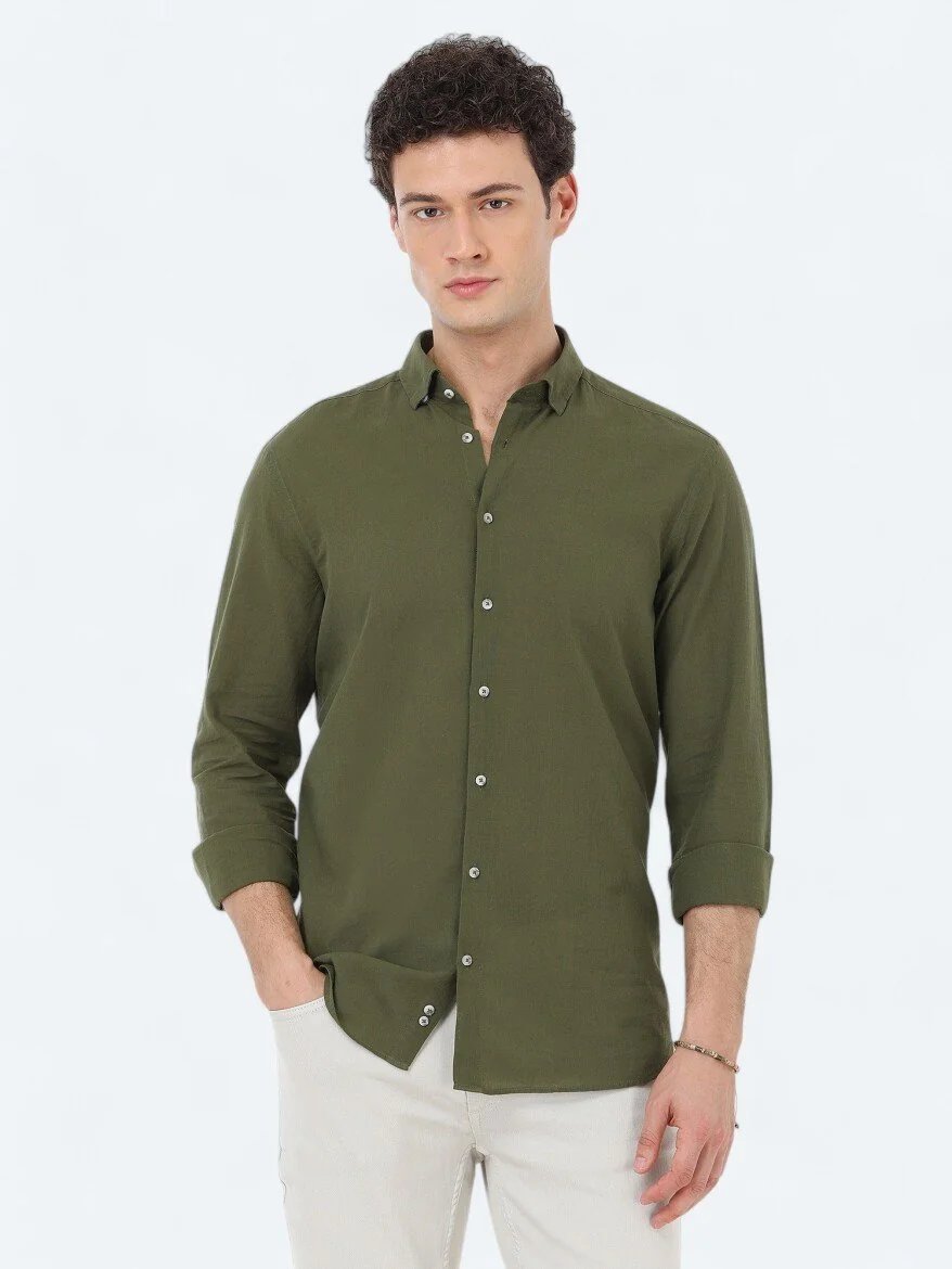Haki Düz Regular Fit Dokuma Casual %100 Pamuk Gömlek - 1