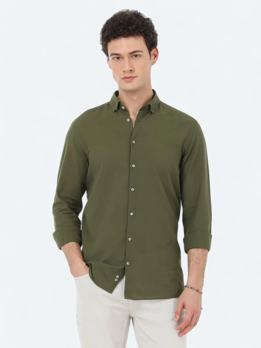 Haki Düz Regular Fit Dokuma Casual %100 Pamuk Gömlek - 1